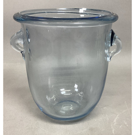 Mid Century Modern Blue Glass Ice Bucket With 2 Handles - 8.25”Hx7”D