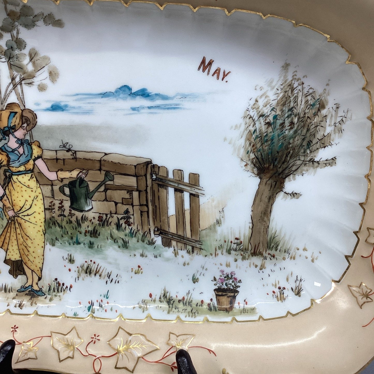 VTG Ceramic ‘May’ Hand Painted Decorative Serving Tray Floral Border - 16x9.5”