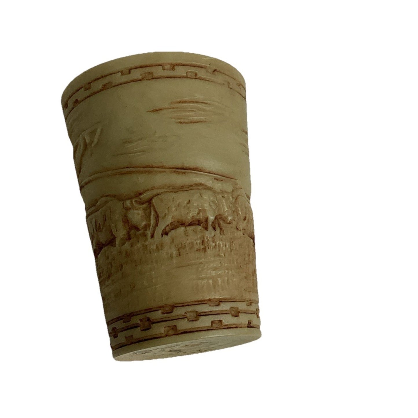 Antique Engraved Hand Carved Toothpick Holder Buffalo Pulling Wagon - 2.25”H