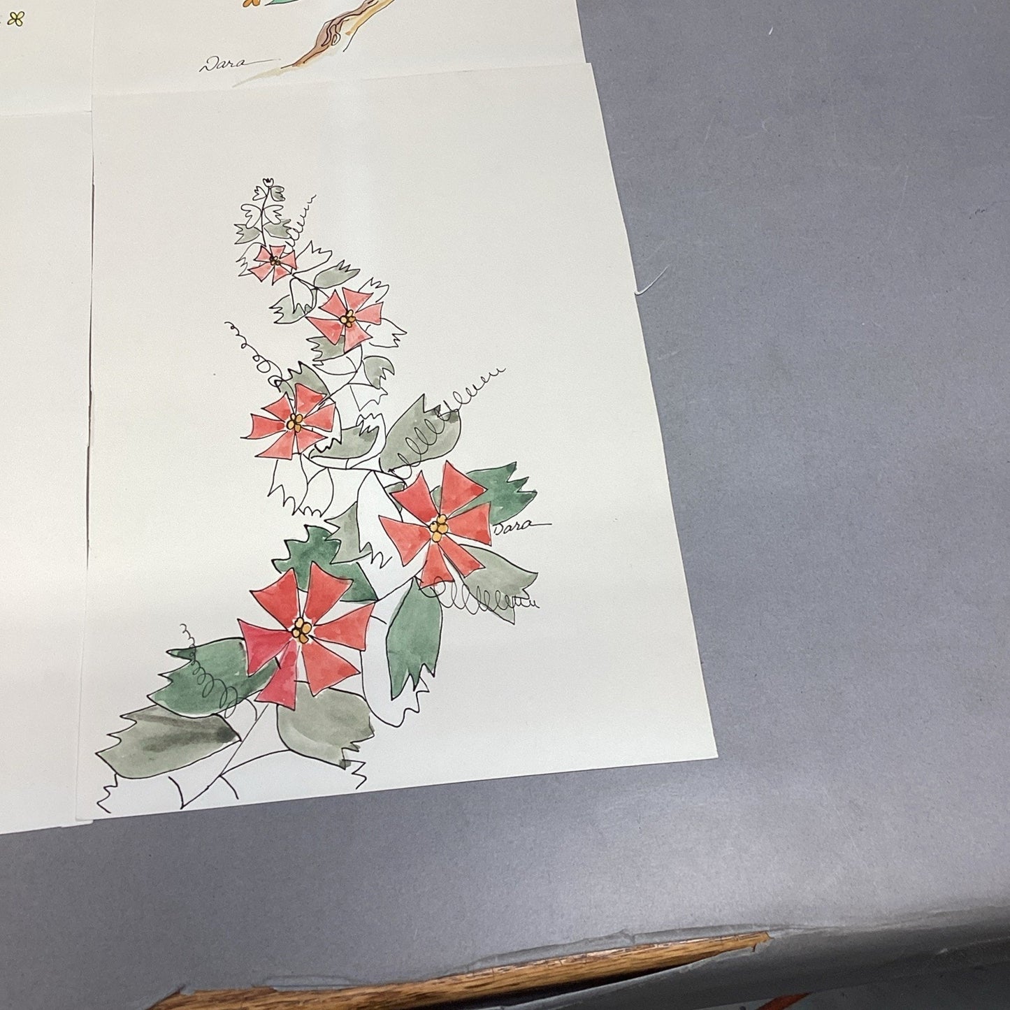Set Of 5 Floral Art Drawings - Signed By Dara - 10x7”