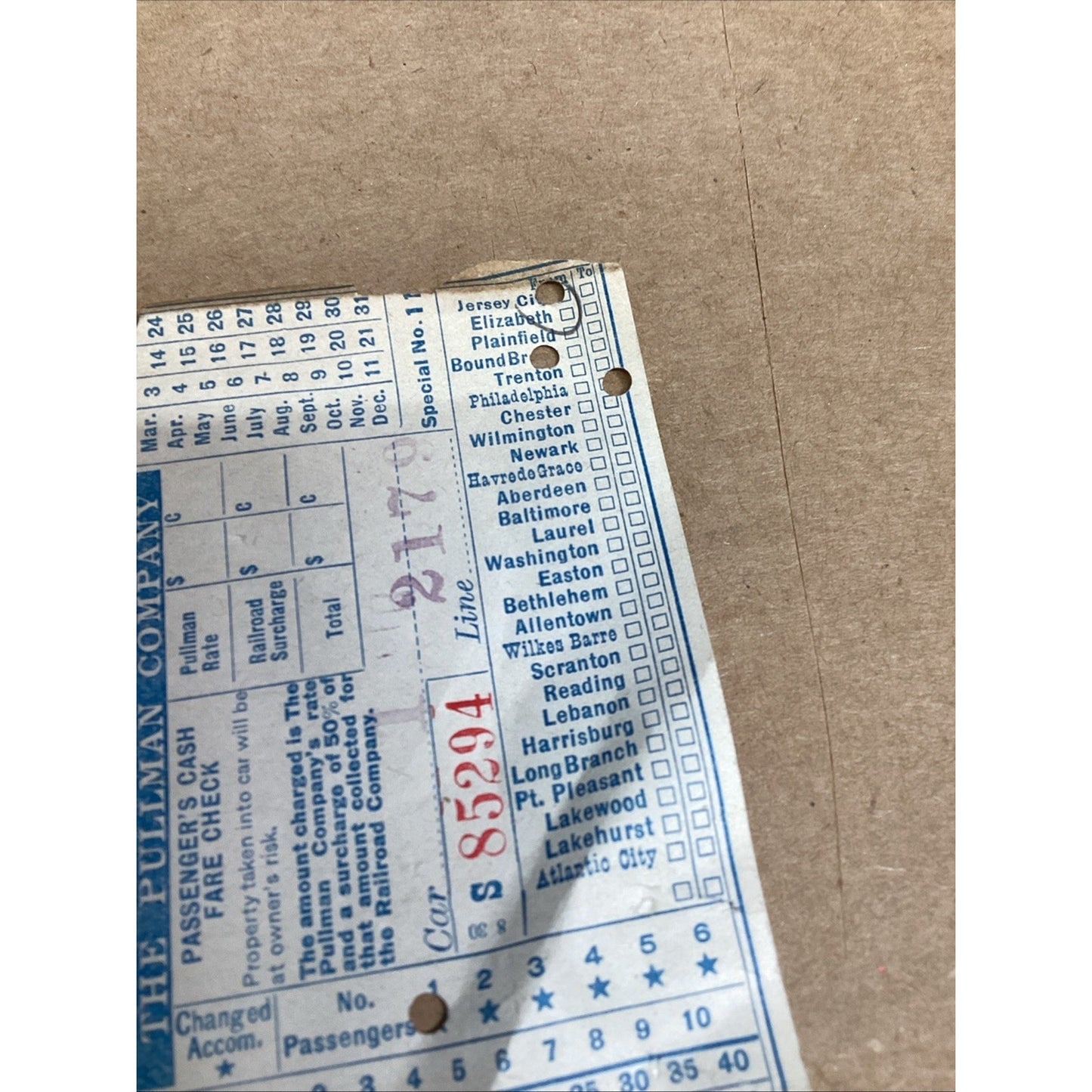 VTG The Pullman Company Passengers Cash Fare Check #85294 To Philadelphia
