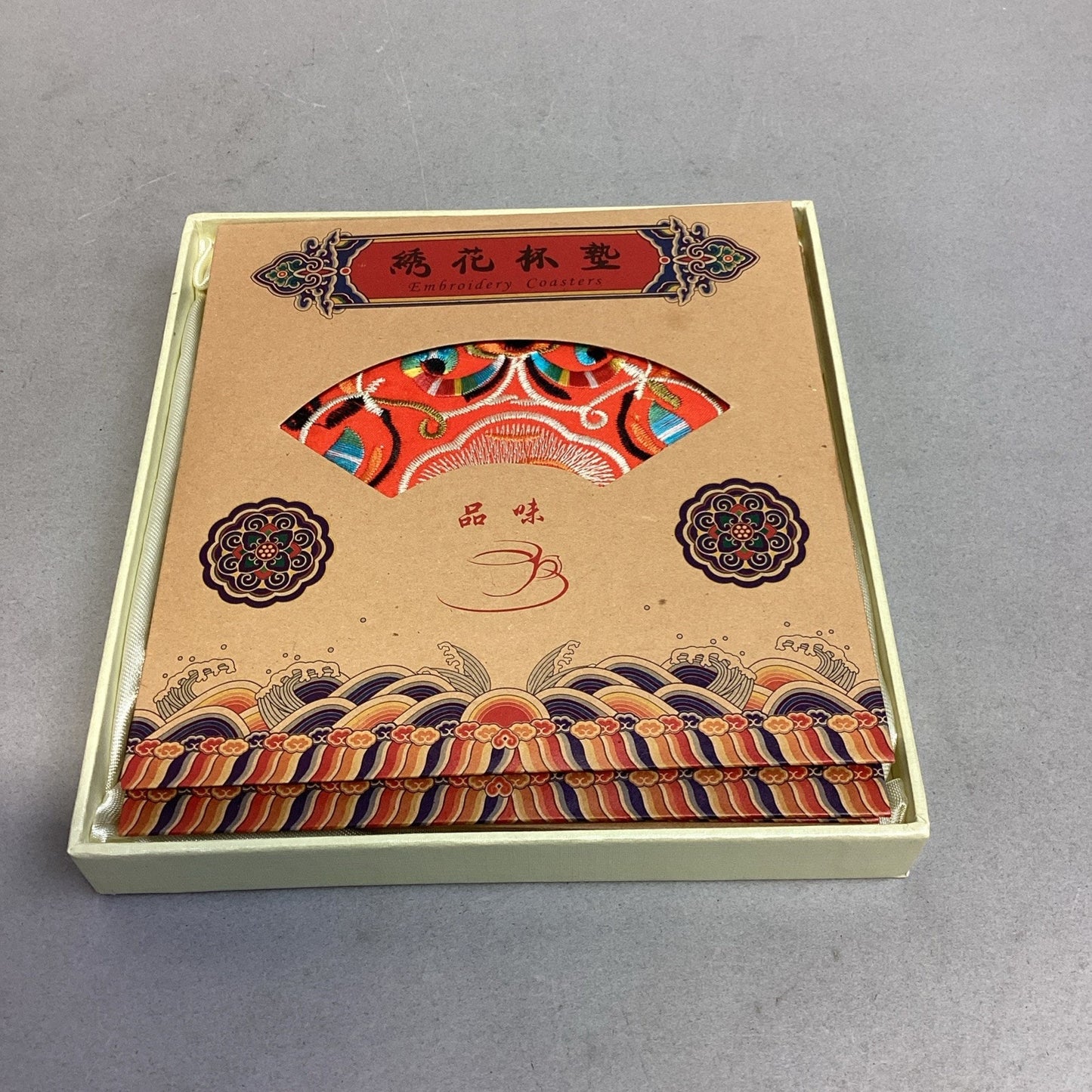 Set Of 4 Handmade Embroidered Floral Chinese Beverage Coaster In Original Box