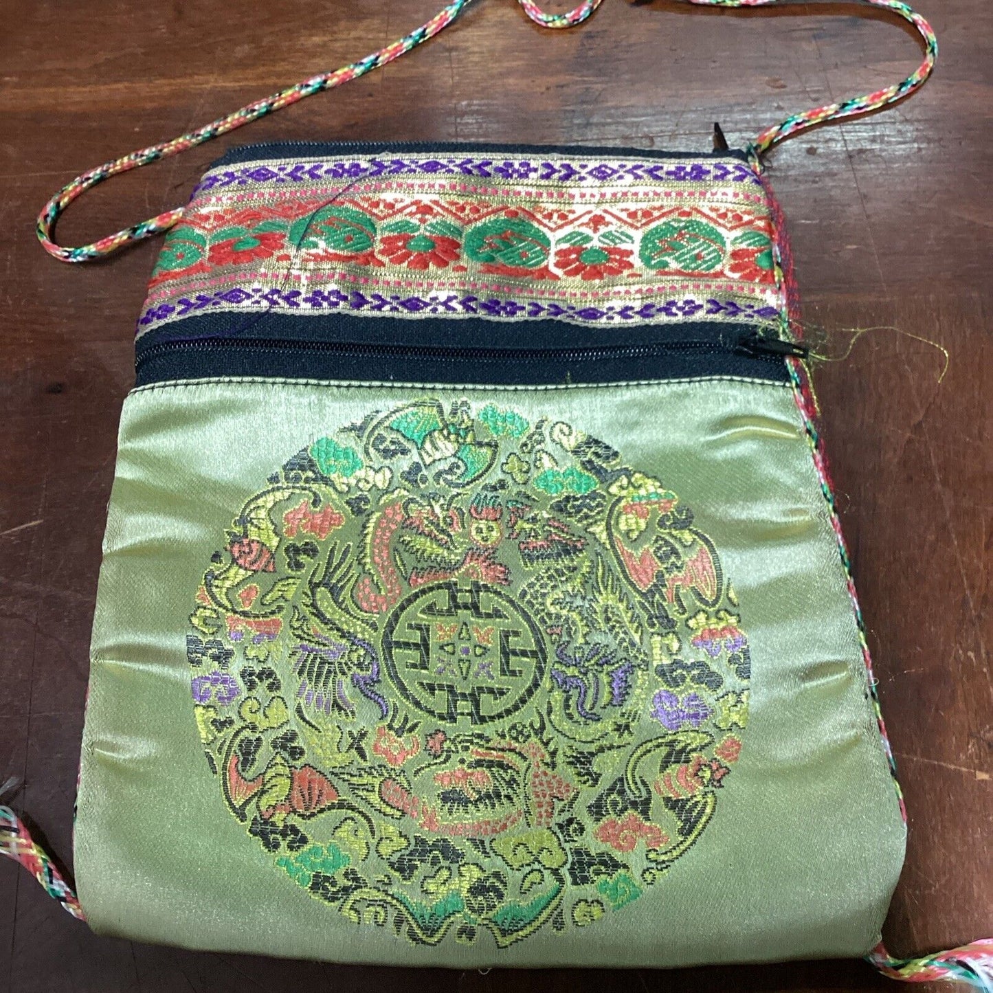 Multicolored Asian Silky Cross Body Purse Bag With 2 Pockets