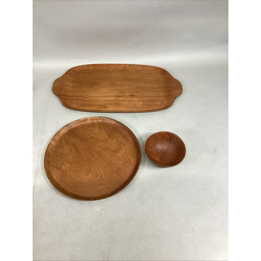 Set Of 3 - Teak Serving Platter- Round Serving Platter And Small Bowl