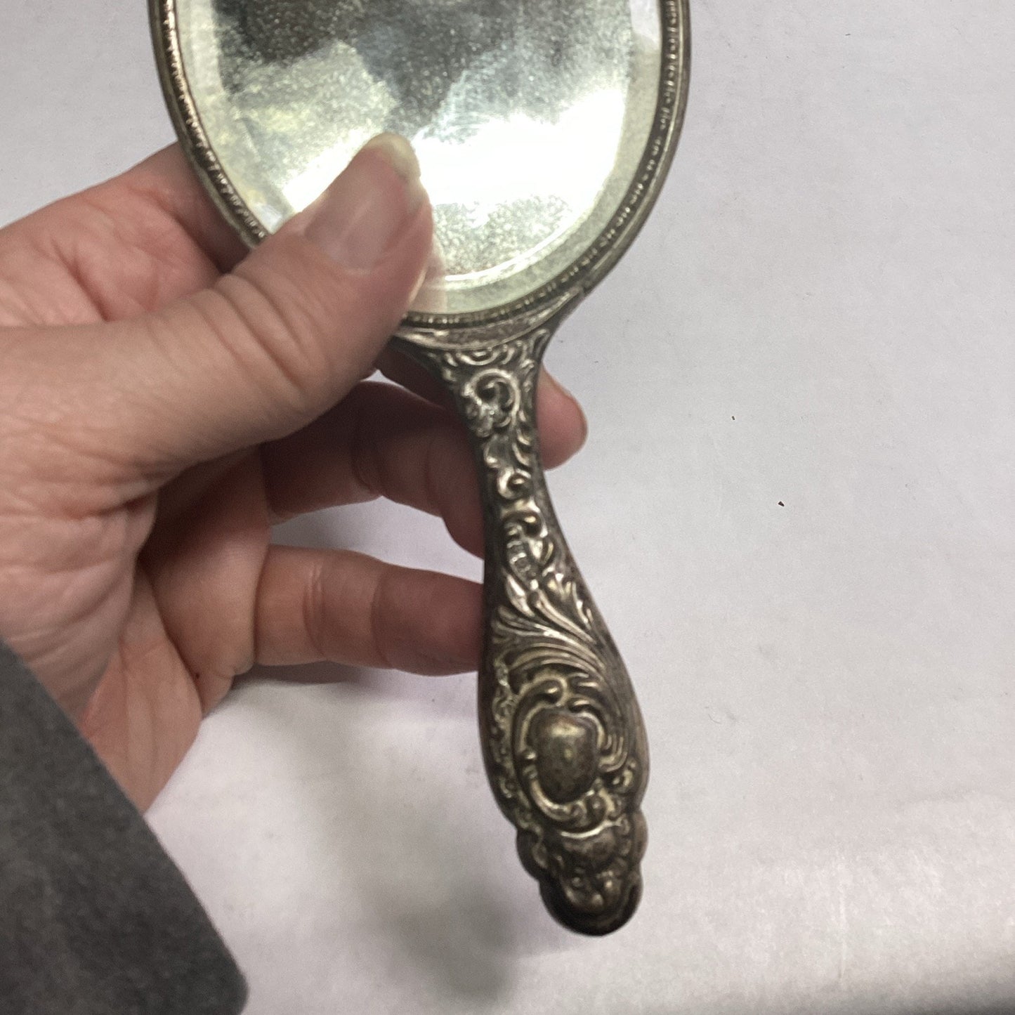 Antique Silver Plated Ornate Mirror - 6.5”L