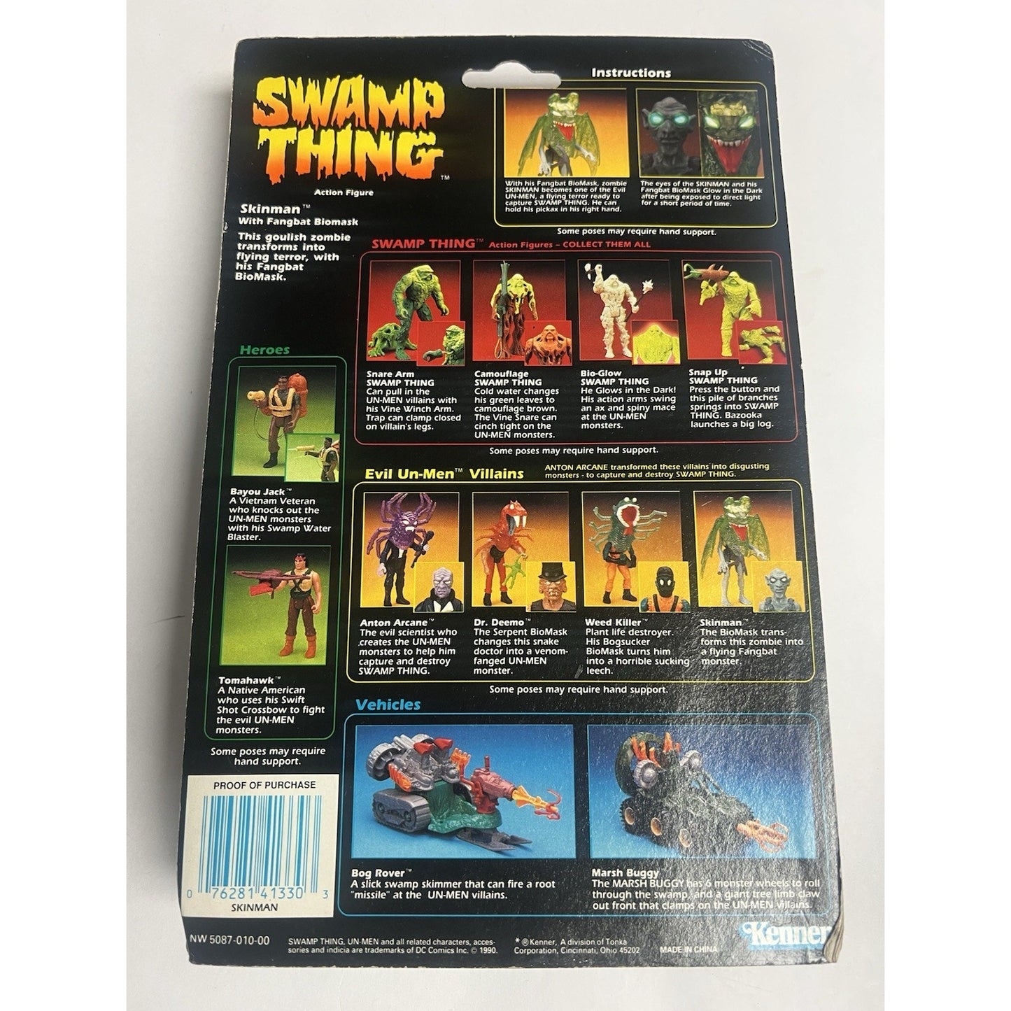 VINTAGE 1990 SWAMP THING ACTION FIGURE ON CARD HORROR SKINMAN & FANGBAT BIOMASK