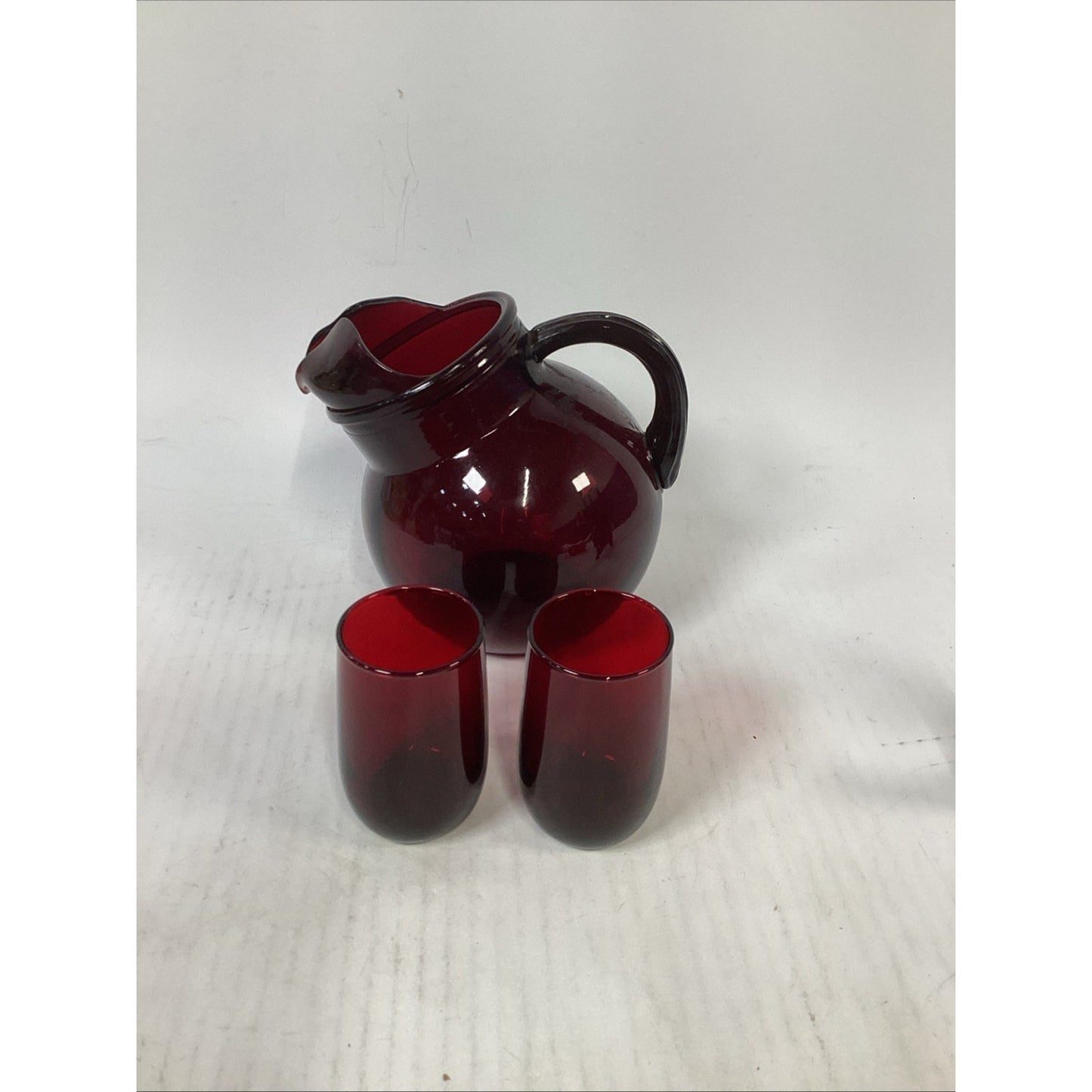 Vtg Anchor Hocking Royal Ruby Red Tilt Ball Pitcher w/Ice Lip & 2 Tumblers