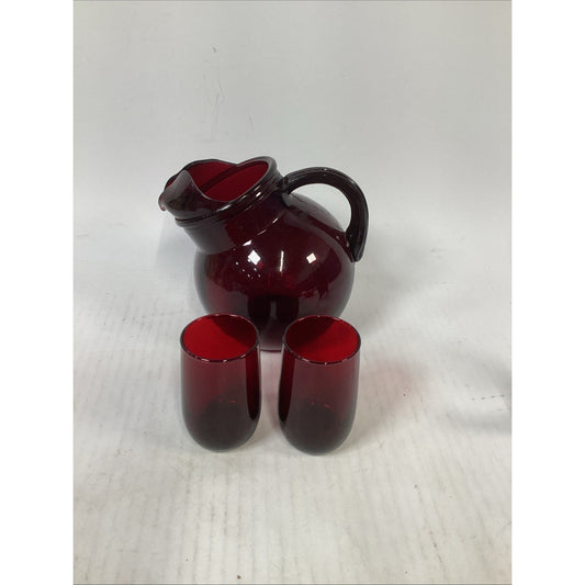 Vtg Anchor Hocking Royal Ruby Red Tilt Ball Pitcher w/Ice Lip & 2 Tumblers