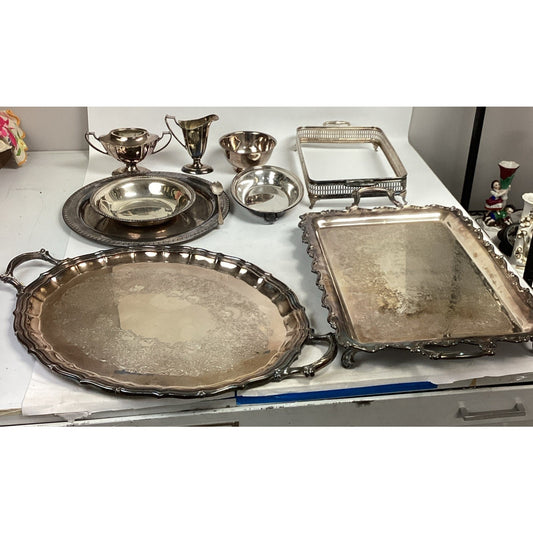 Lot Of 10 Silver Plated Platters, Bowls, Sugar/Creamer And Spoon