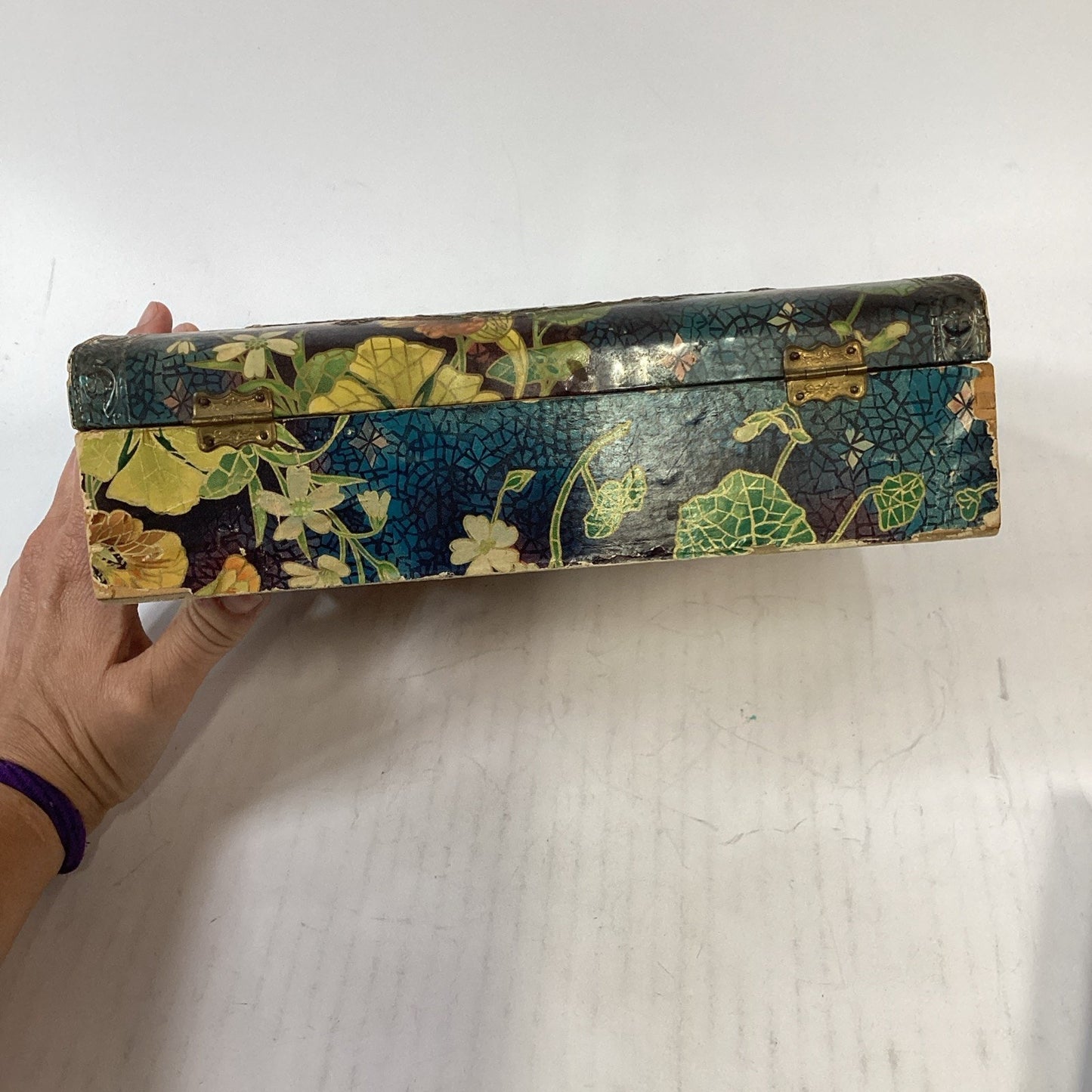 Antique 1900’s Edwardian Lithograph Wooden Jewelry Box W/ Lined Satin - Read