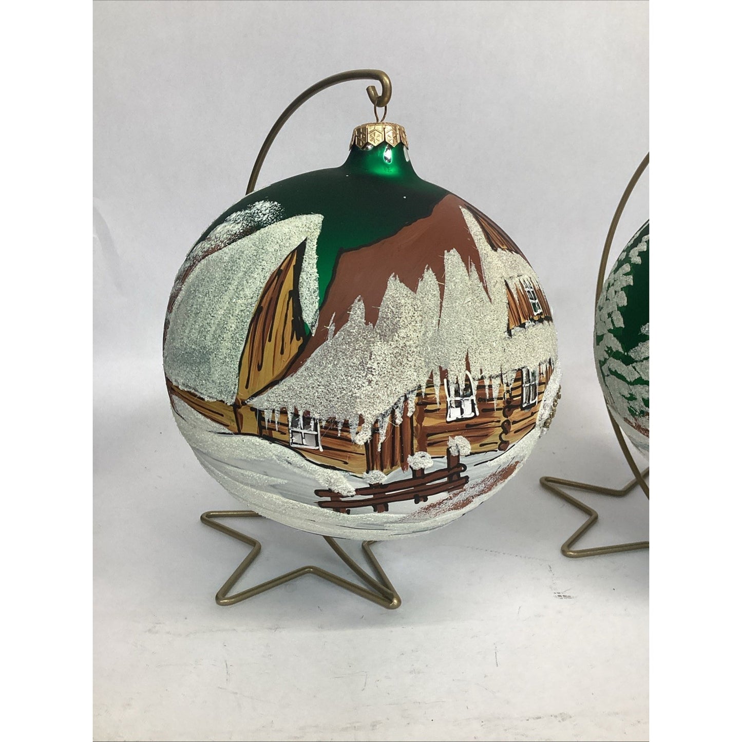 2 Hand Painted Snowy Cabins Glass Ball Ornaments With Ornament Hangers - 7”D
