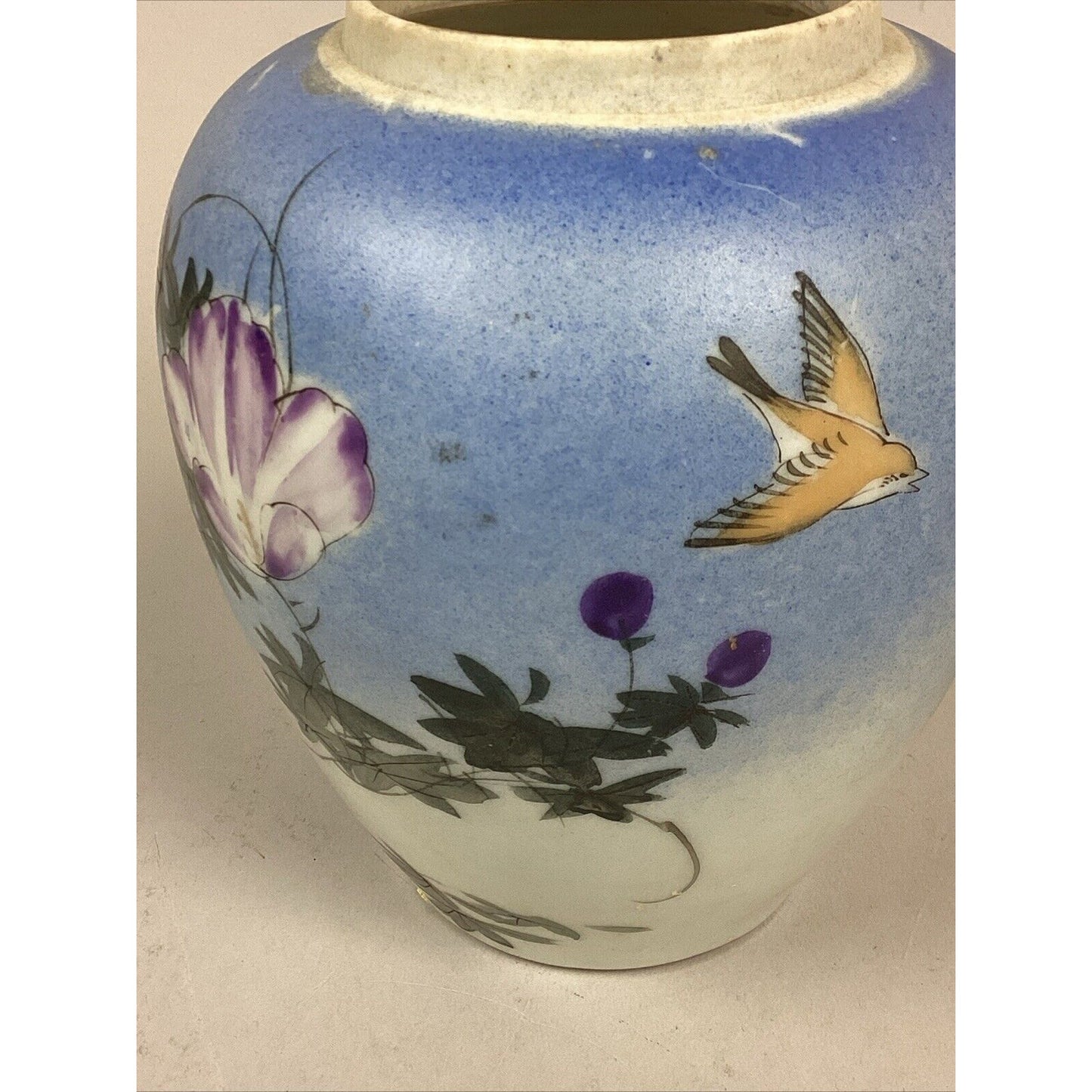 Antique Japanese Floral Vase With Pink/Purple Flowers & Flying Birds - 6 3/4”H