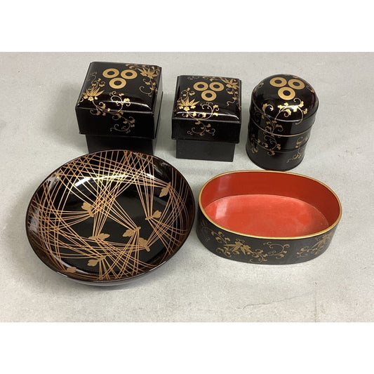 Set Of 2 Lacquer Box Makie Container Cases, 2 Trinket Boxes & 1 Sake Cup/Bowl