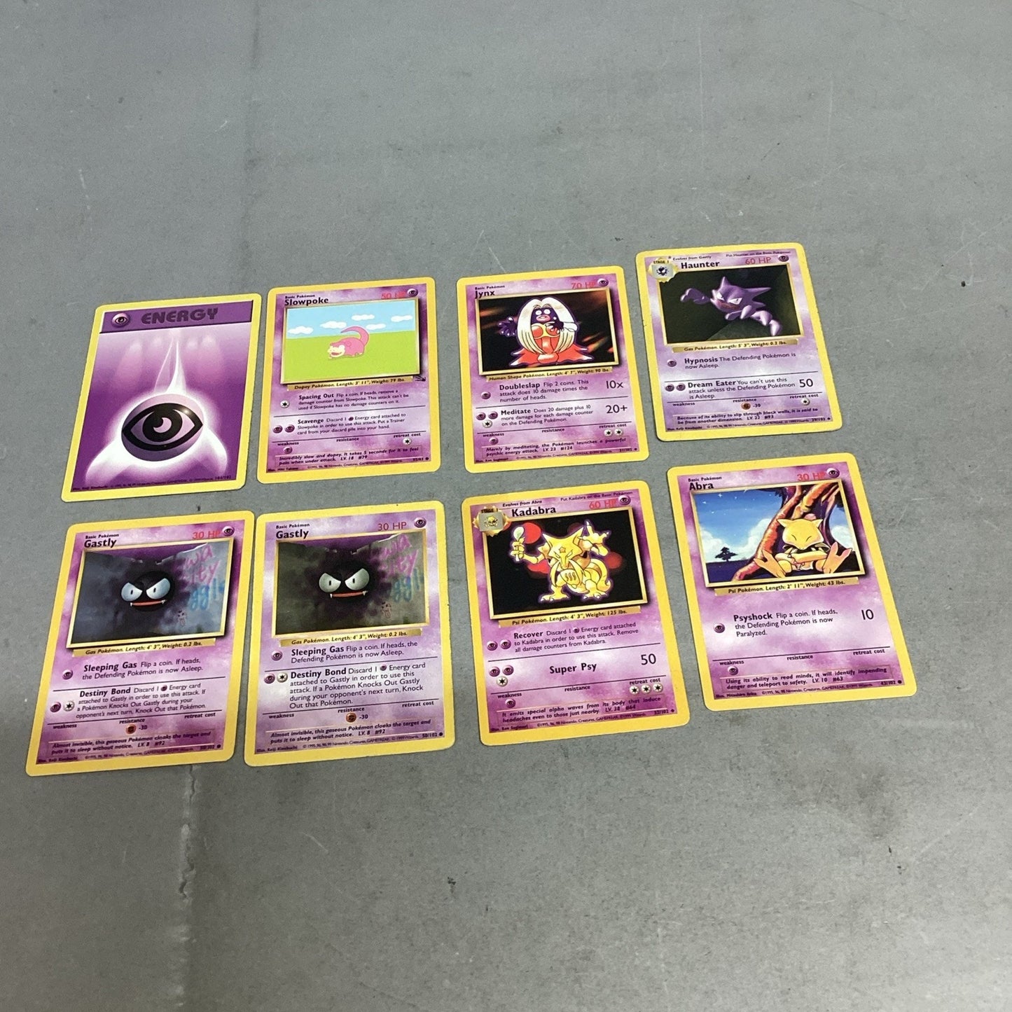 Lot Of 8 Pokémon Trading Cards - Kadabra, Abra, Haunter, Ghastly, Jynx, Slowpoke