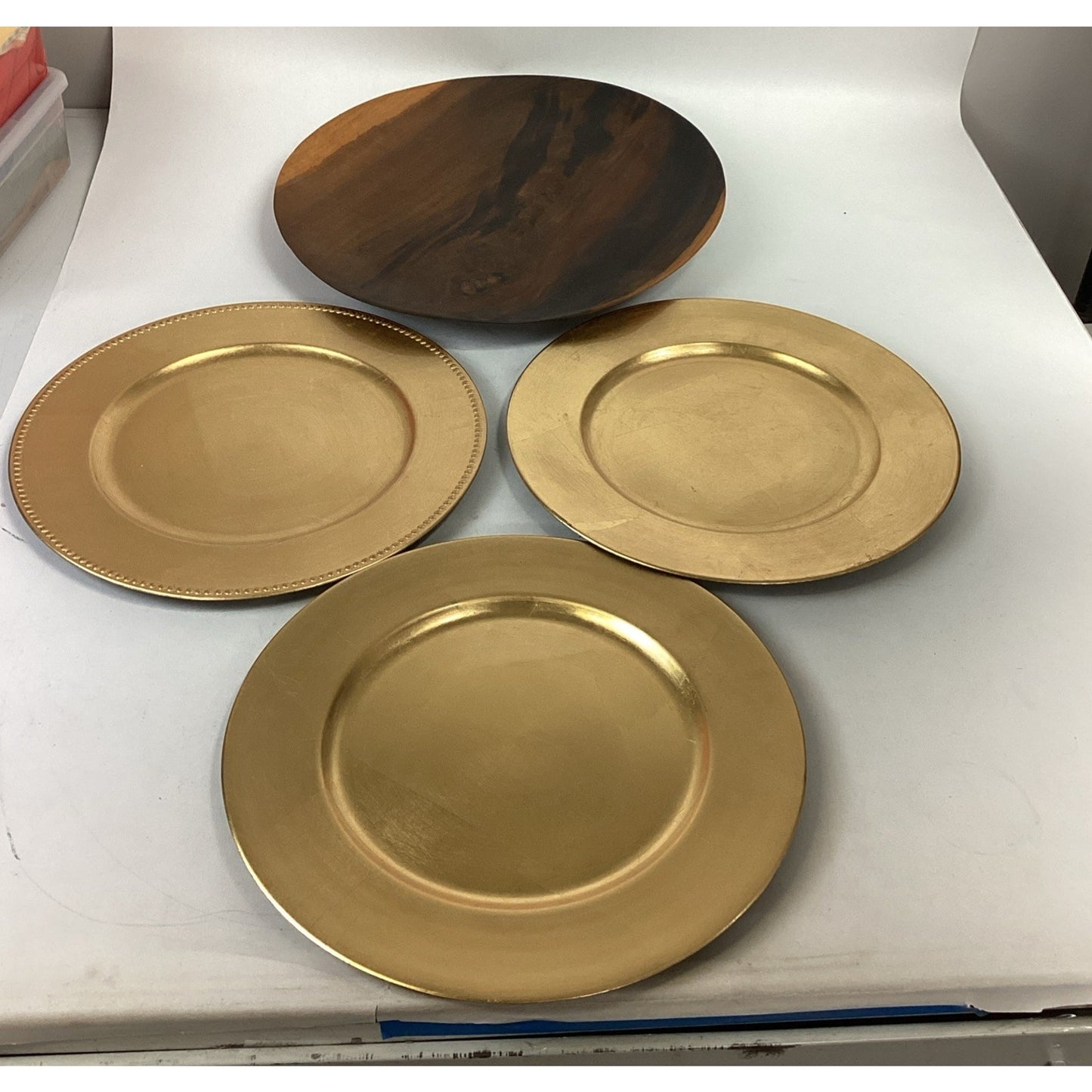 1989 Poplar Wood Round Tray And 3 Gilt Decorative Chargers