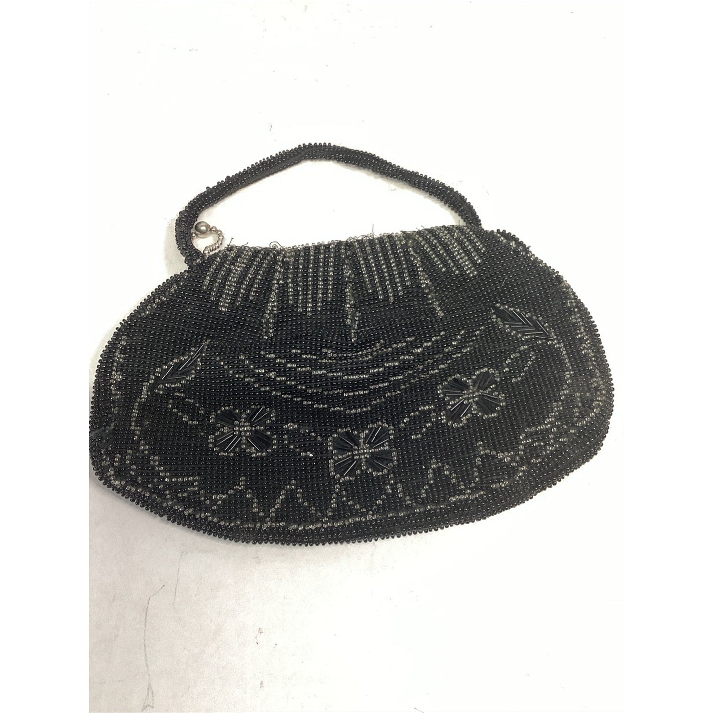 Antique Beaded Black Floral Purse Clutch - Made In Czechoslovakia