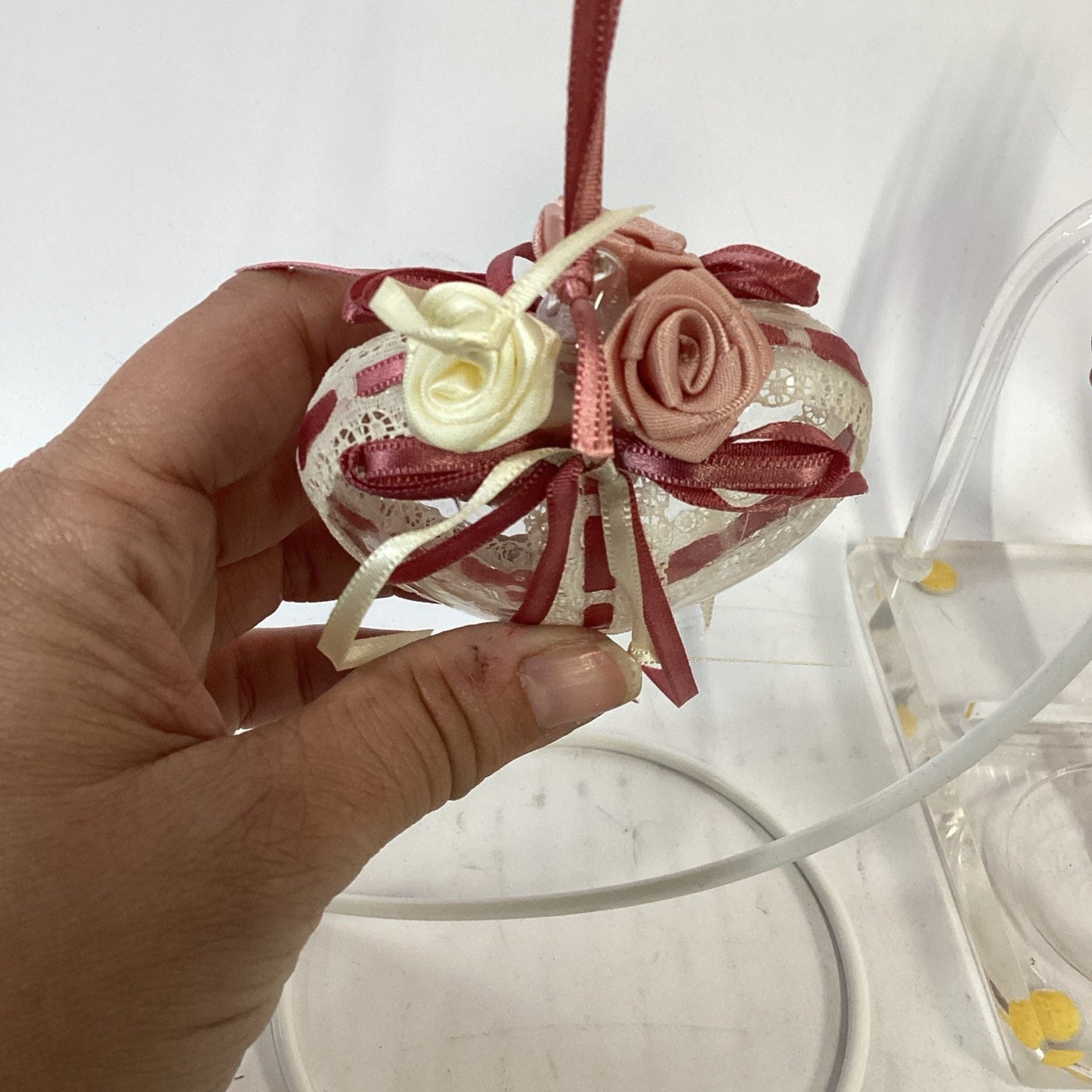 Lot of 2 Glass Christmas Ornaments - Heart With Roses And Icicle With Flower