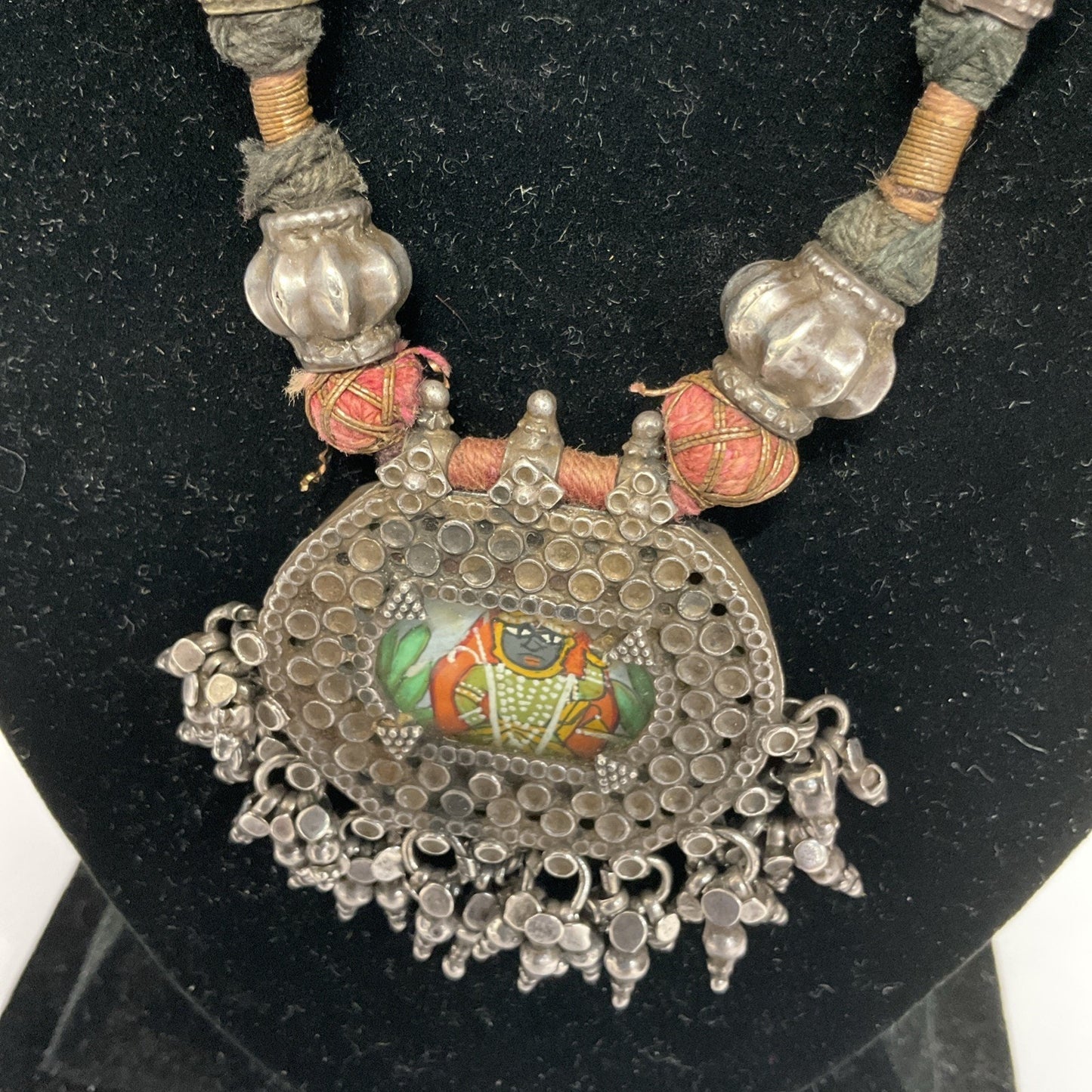 Mid Century Rajasthani Necklace Hand Painted Pendant With Silver Casing