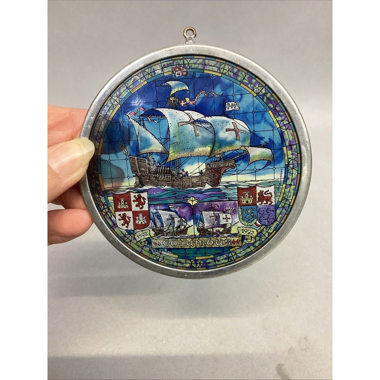Vintage Stained Glass Sun Catcher Columbus Ship - 3.5”D