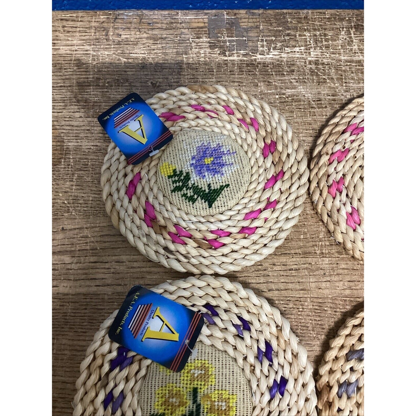 Set Of 8 Floral Woven Hot Plates/Trivets - 7”D