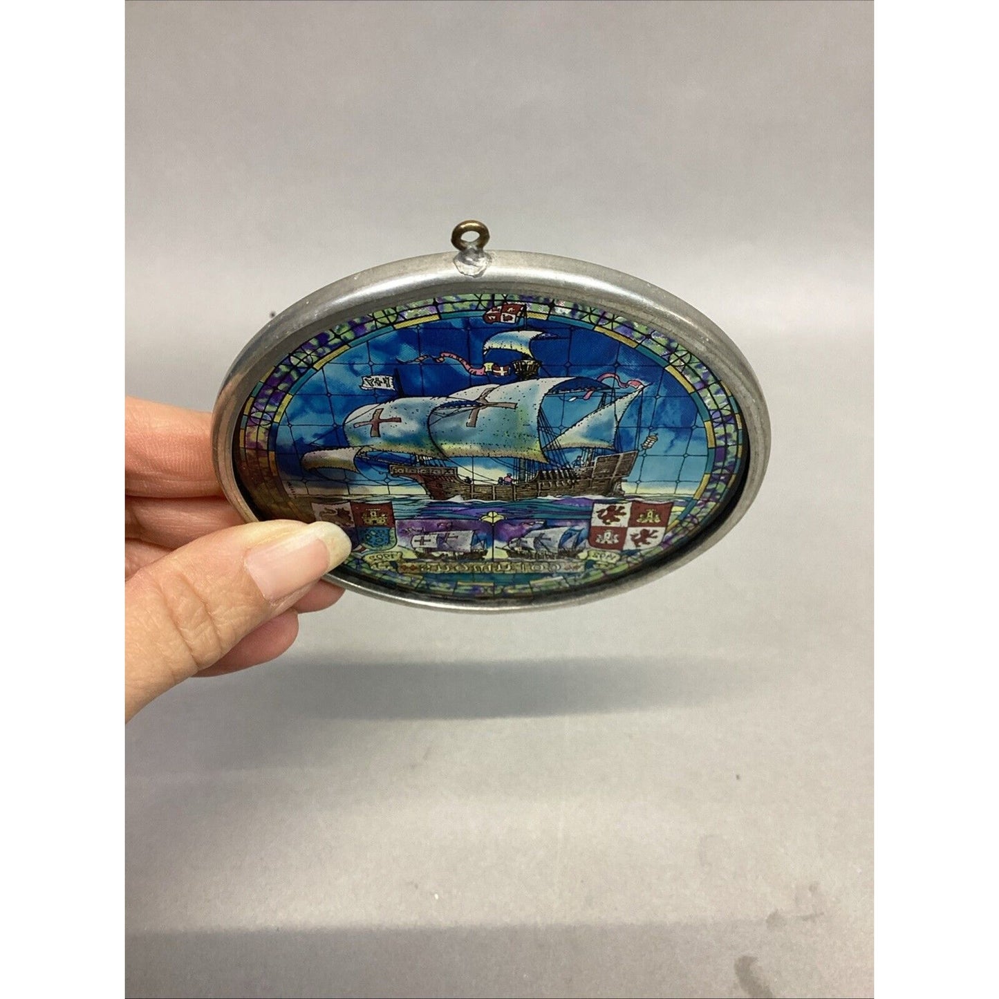 Vintage Stained Glass Sun Catcher Columbus Ship - 3.5”D