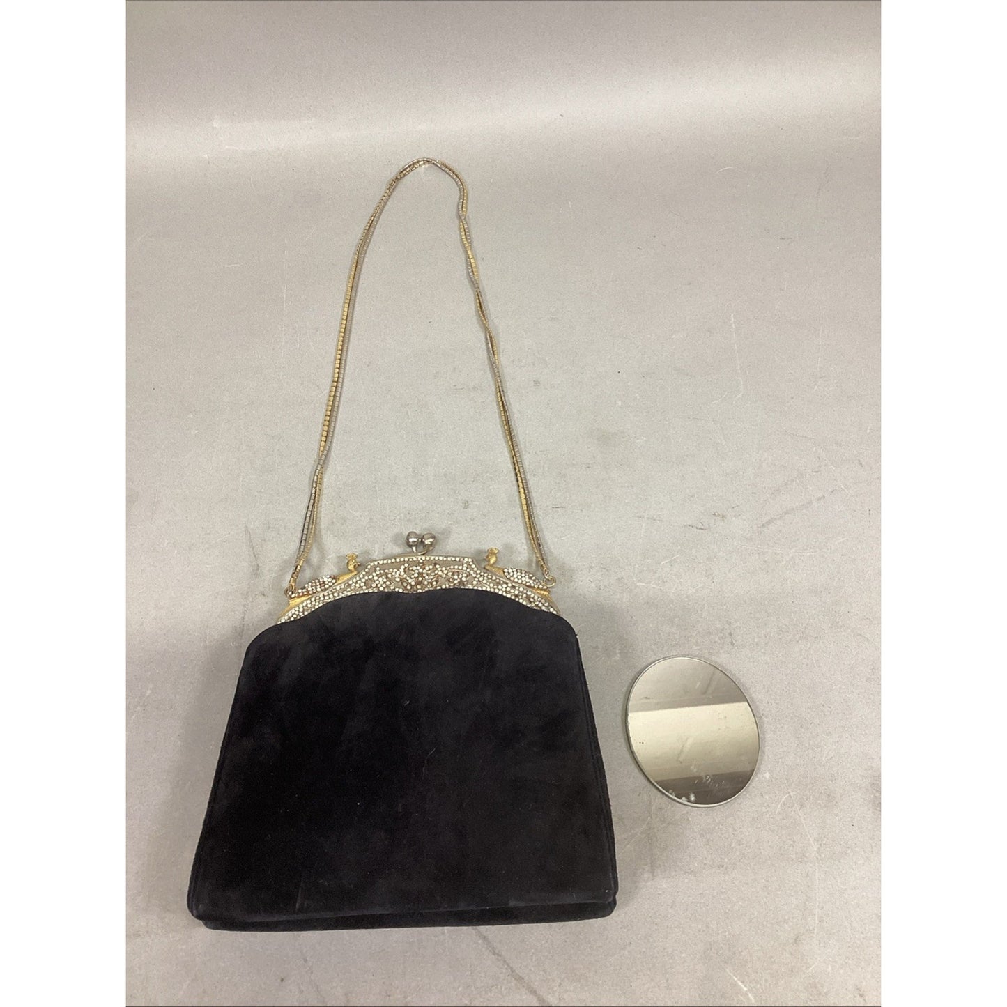 Vintage Rare Judith Lieberman Suede Purse W/ Mirror & Gold & Silver Handle Strap