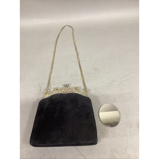 Vintage Rare Judith Lieberman Suede Purse W/ Mirror & Gold & Silver Handle Strap