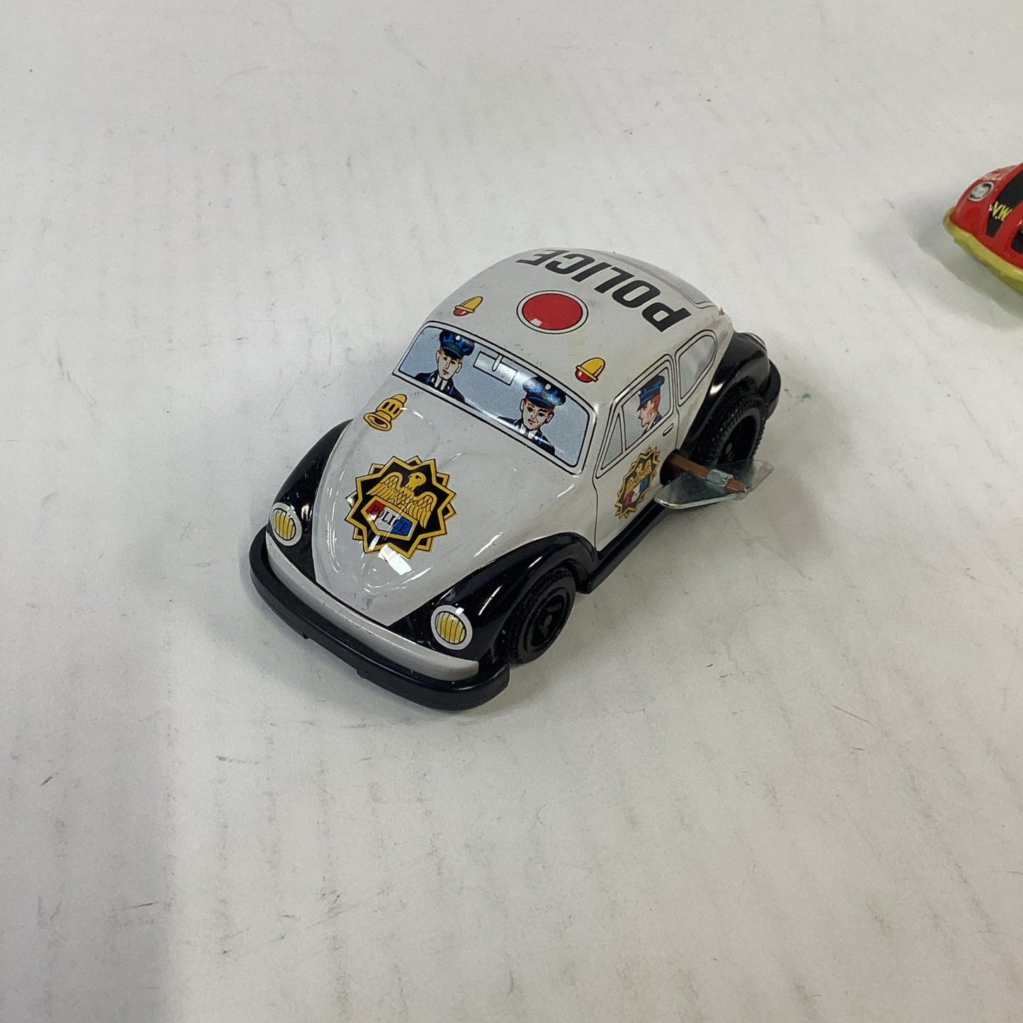 Vtg Japanese Tin Litho Wind Up Cars VW Beetle Police Car & Red VW Challenger