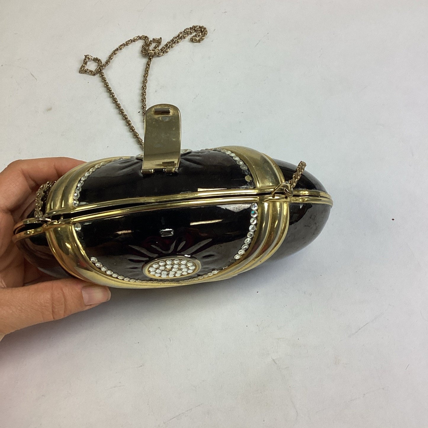 Vintage Black Evening Bag With Gold Trim, Rhinestones And Gold Chain