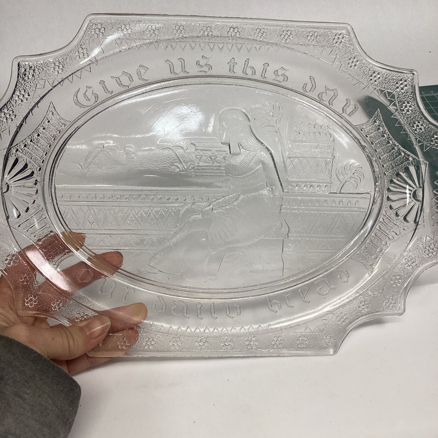 RARE VINTAGE Oval Glass Serving Plate GIVE US THIS DAY Egyptian Wheat Design