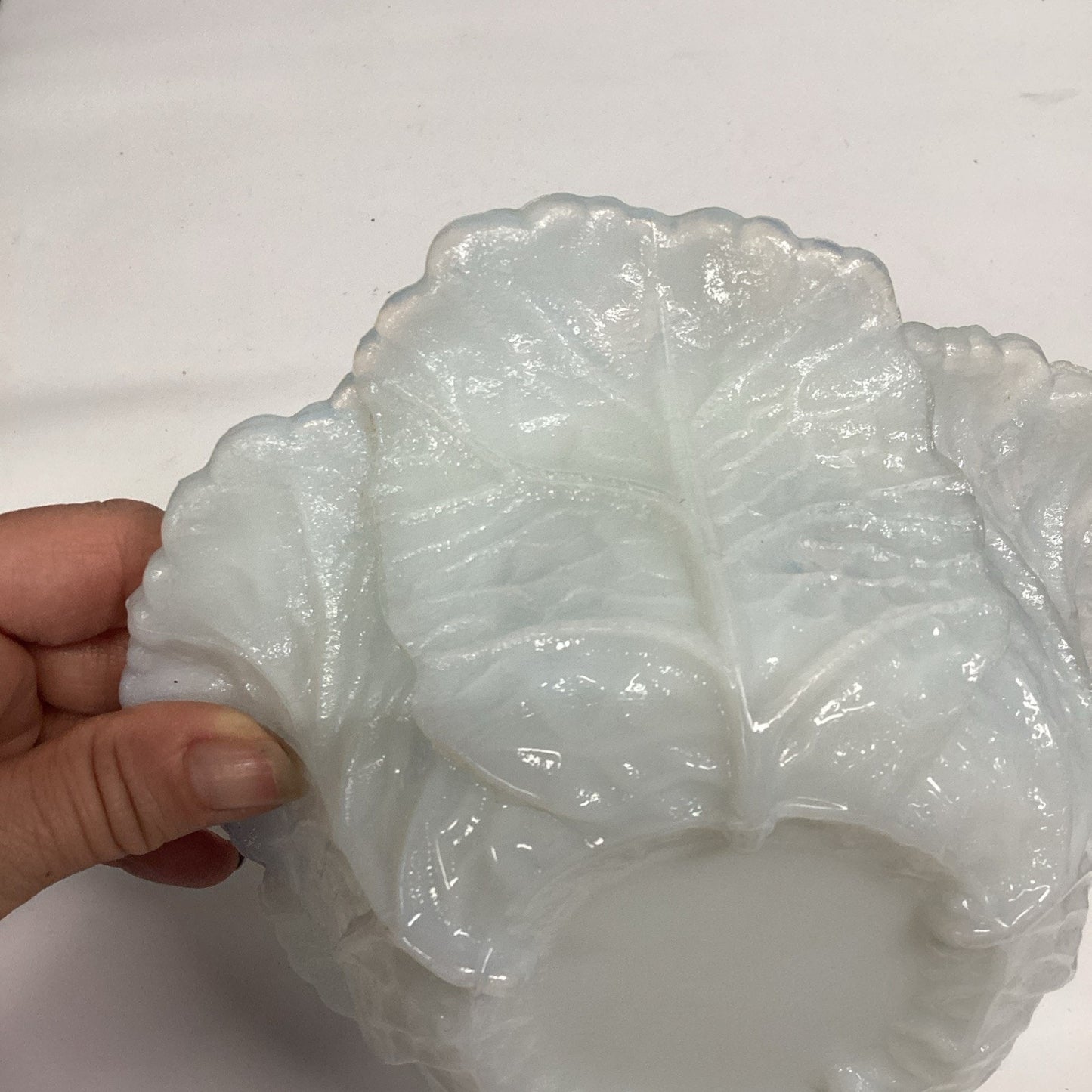 Antique Portieux Vallerysthal White Milk Glass Cabbage Leaf Candy Dish