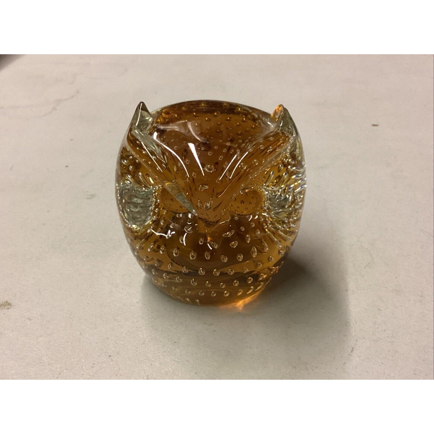 Pilgrim Glass Handblown Horned Owl Paperweight Controlled Bubble Amber USA