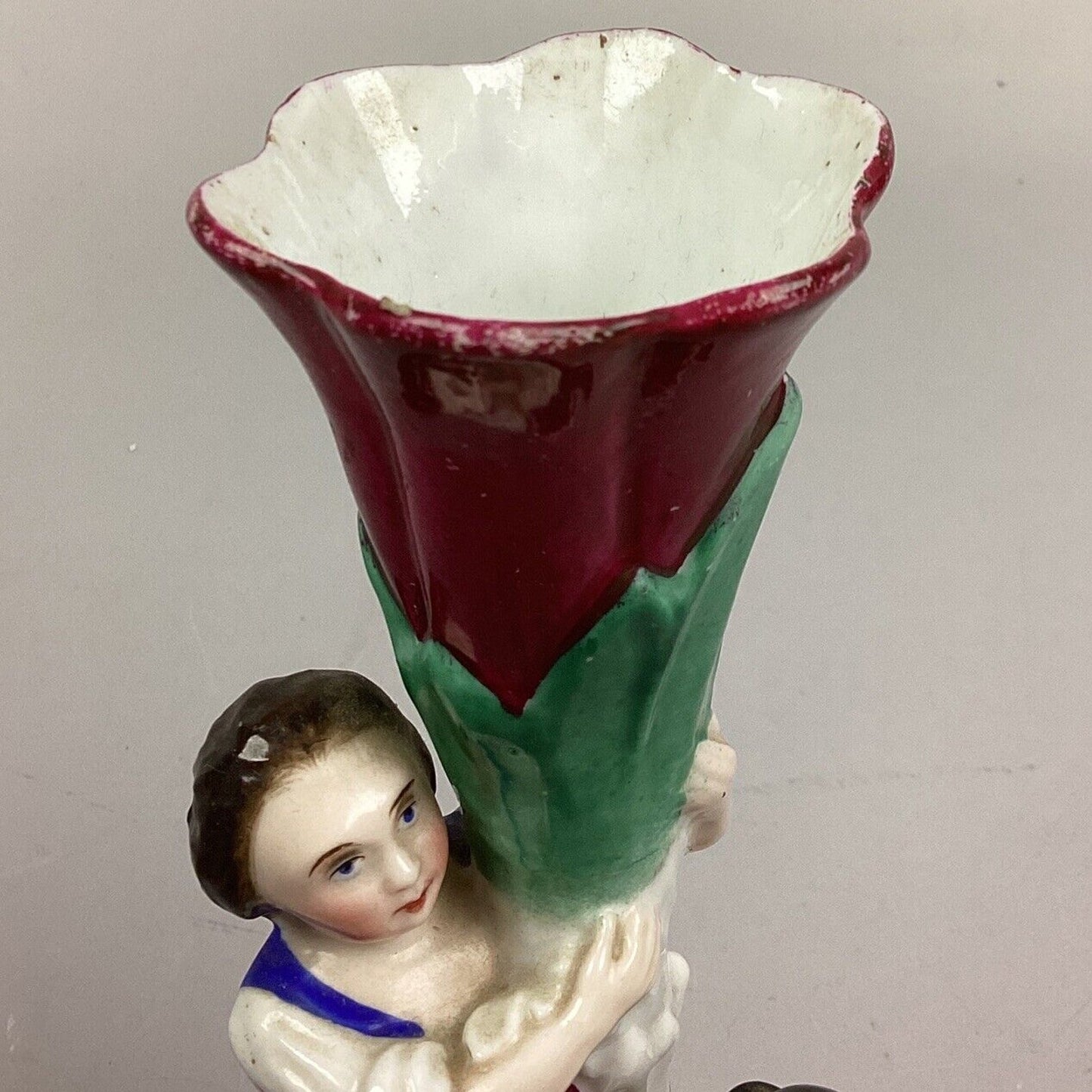 Vintage Porcelain Boy And Girl Red Rose Candlestick Holder - 7.5”