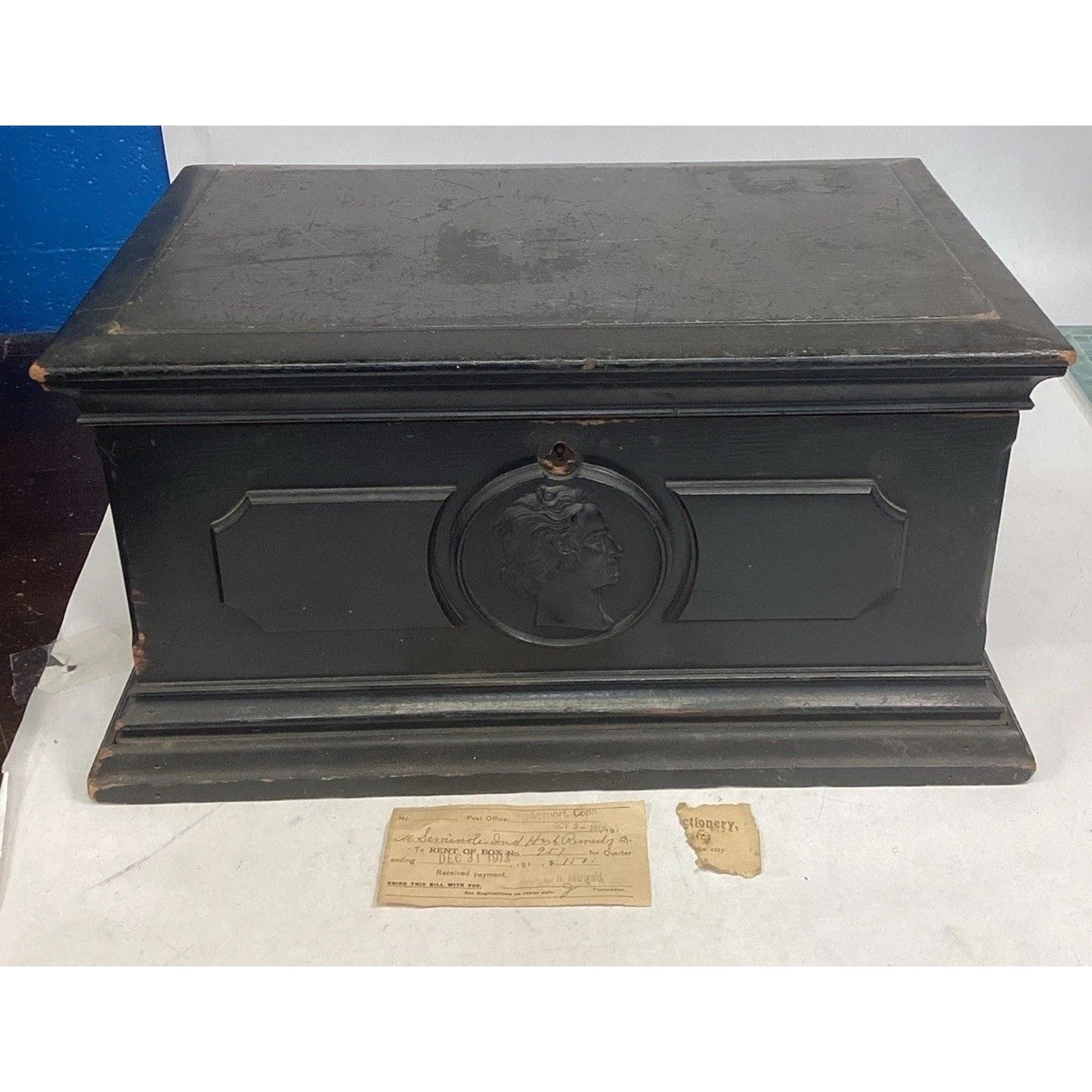 Antique 1880’s Victorian Wooden Document Chest W/ Carved Cameo & A 1913 Paper