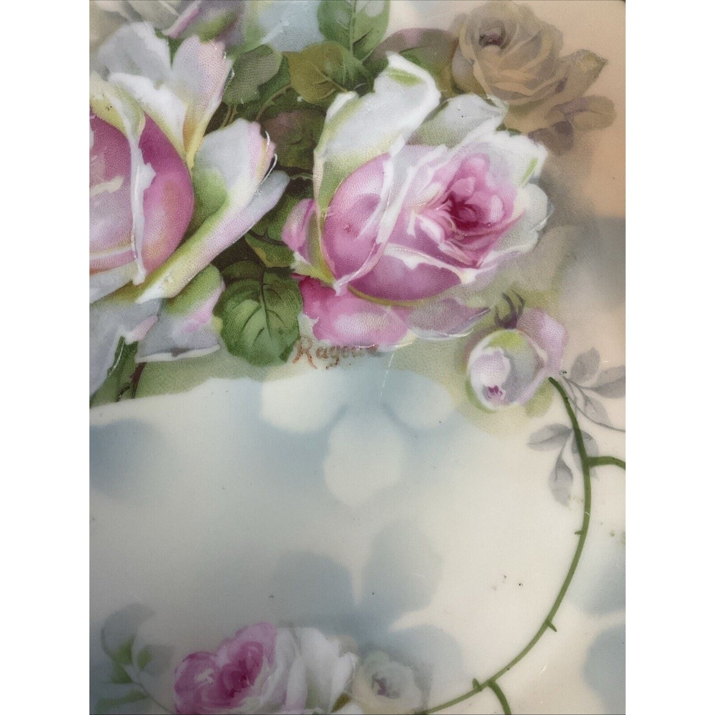 Vintage Antique Pink Cabbages Roses Platter Handles Gold Gilt 9.5"D