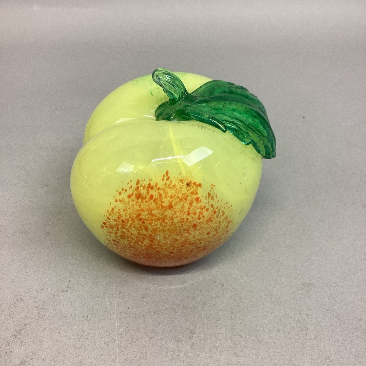 Hand-Blown Yellow Glass Apple Paperweight With Green Leaf & Stem