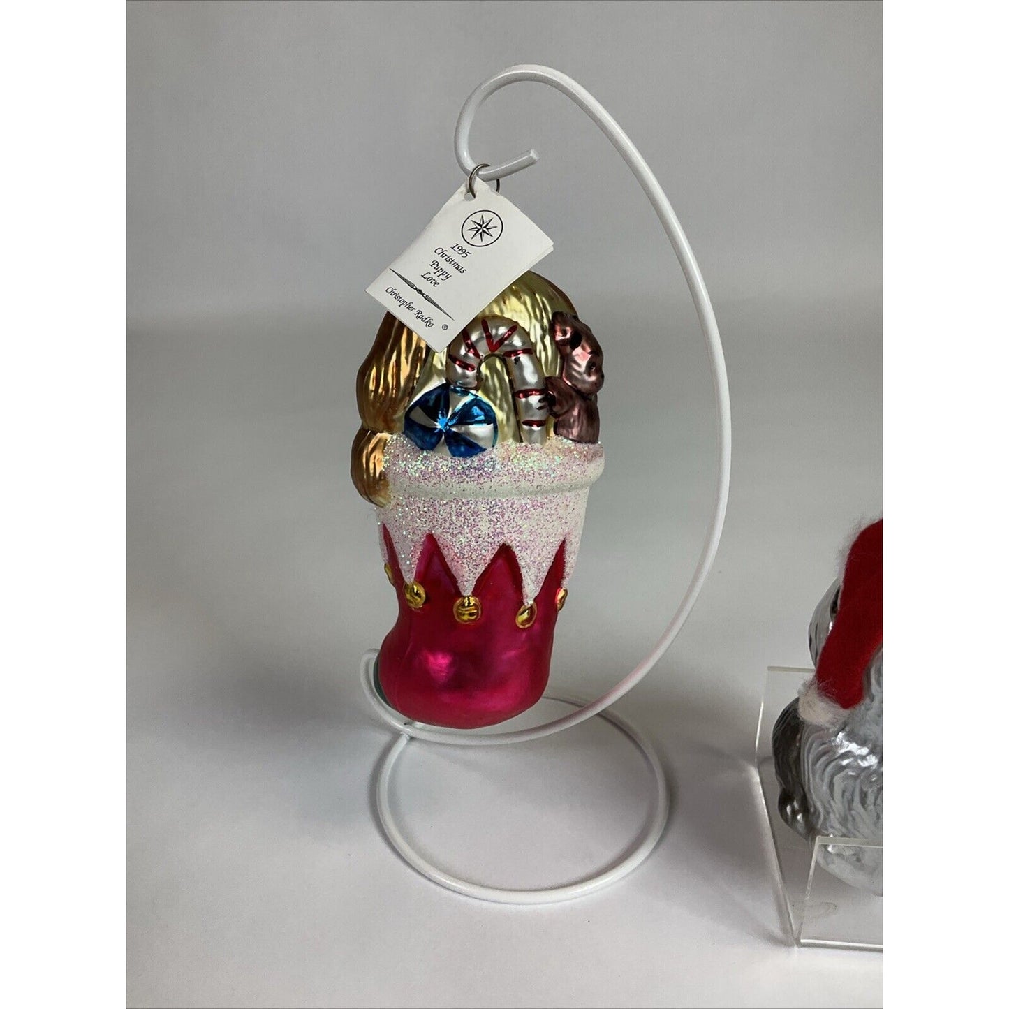 Radko Christmas Puppy Love Glass Ornament Dog Stocking + Santa Hat Dog