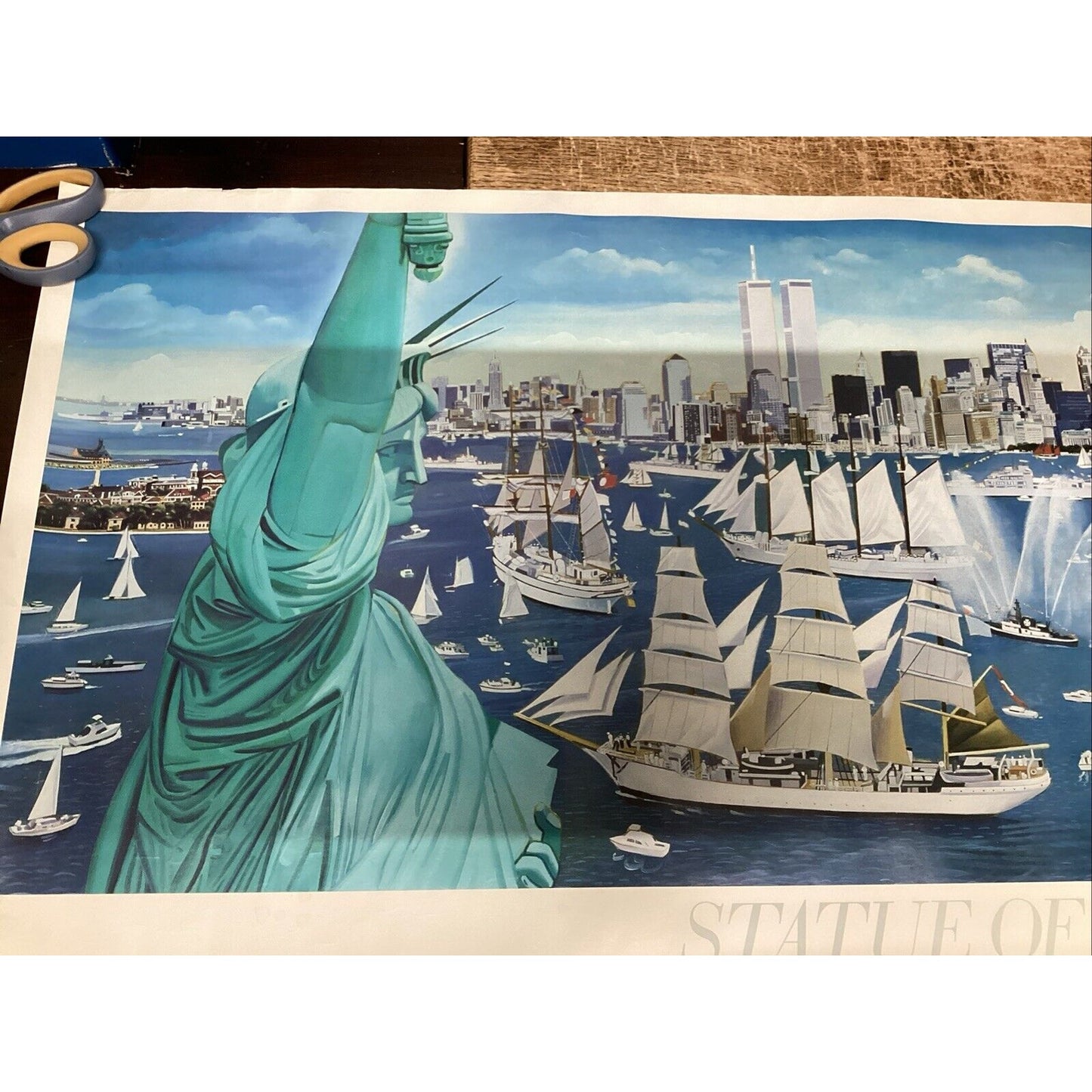 Statue Of Liberty New York Poster W/ Ships & World Trade Center - 36x24”