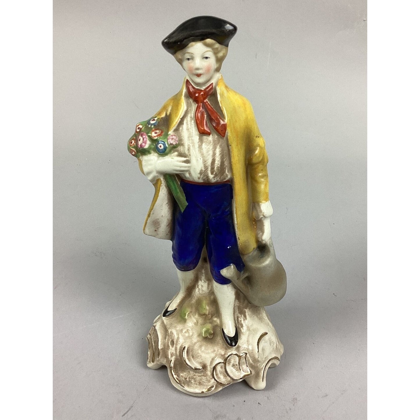 Lot Of 2 Vintage Porcelain Figurines- Man Holding Flowers & Watering Can - 7 3/4