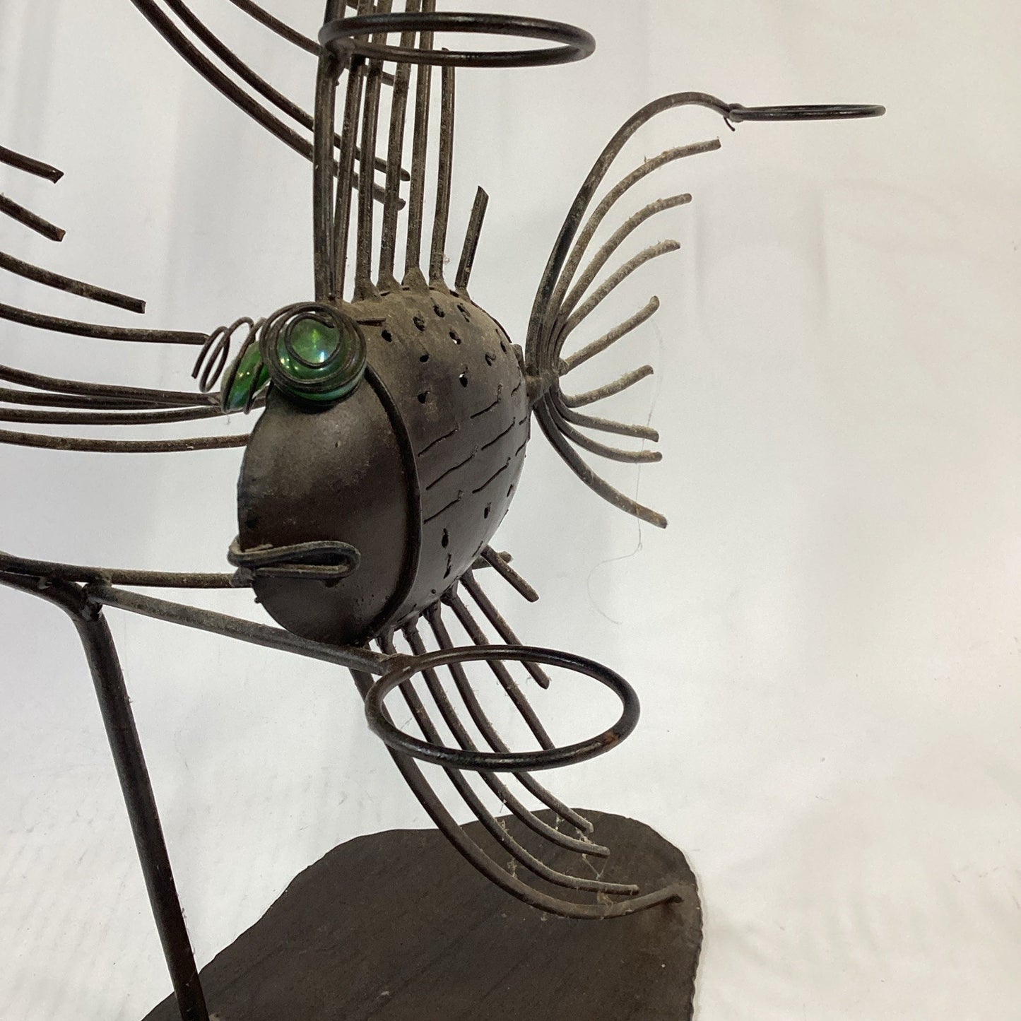 Vintage Large 27”H Steampunk Style Wire Metal Angelfish Sculpture W/ Green Eyes
