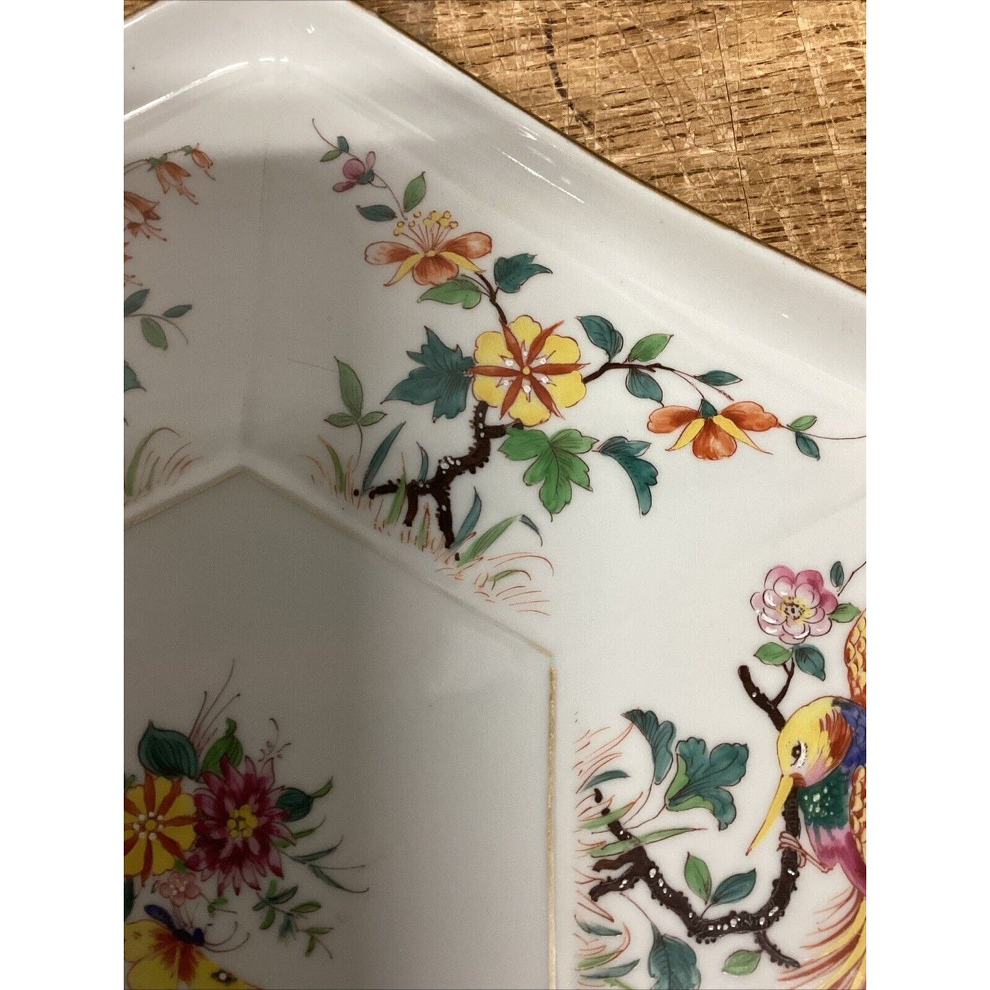 Vintage Porcelain And Ceramic Floral Platter With Birds & Butterflies - 12.5x11”