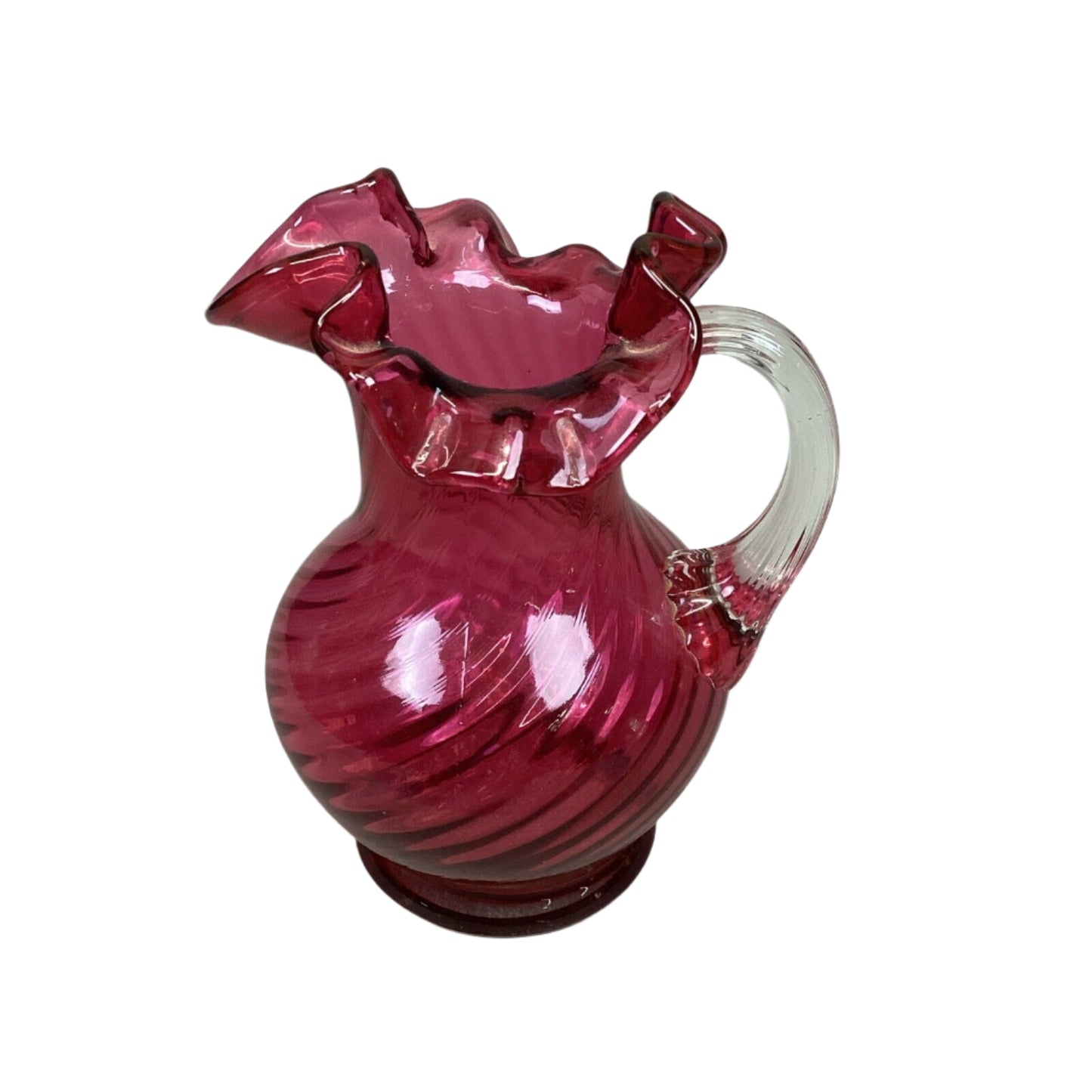 Fenton Cranberry Spiral Swirl Crimped Rim Glass Pitcher W/ Clear Handle - 5.5”H