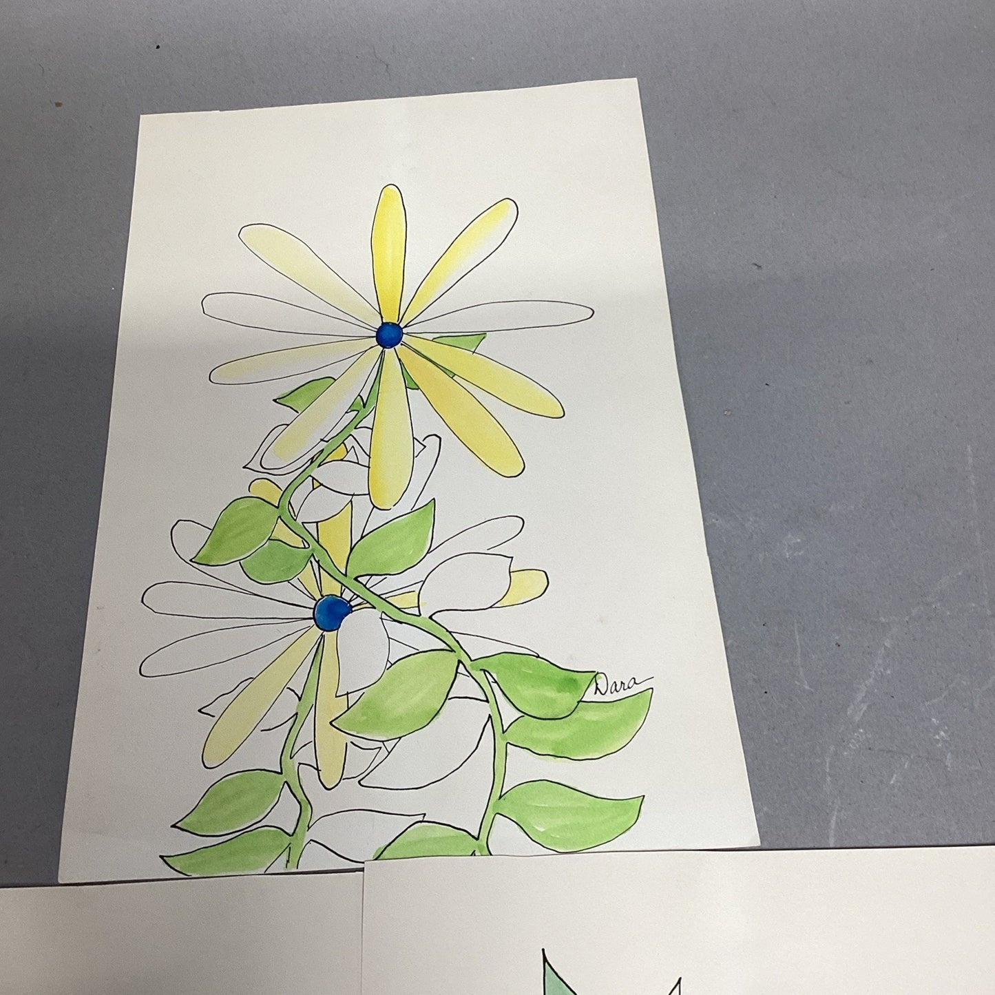 Set Of 5 Floral Art Drawings - Signed By Dara - 10x7”