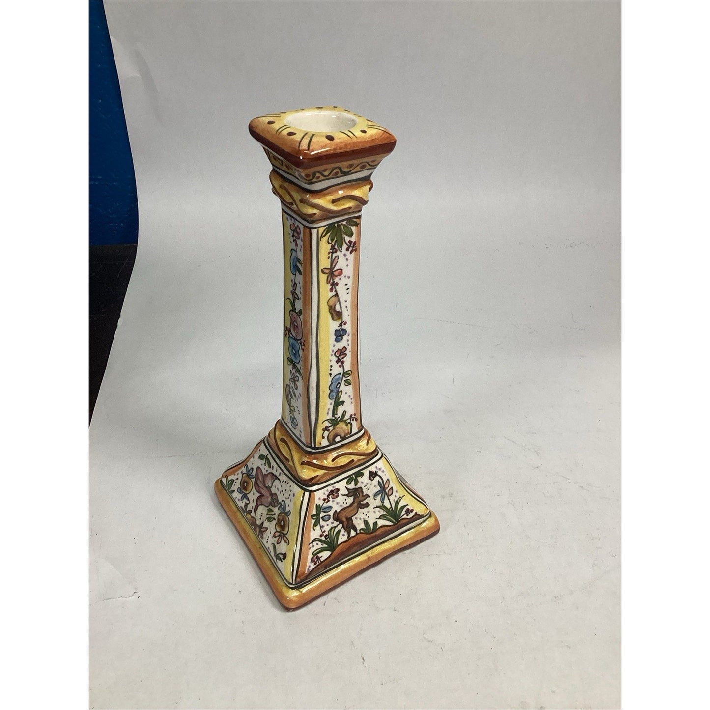 Portuguese Majolica Holu Candlestick W/ Bunnies, Birds And Flowers