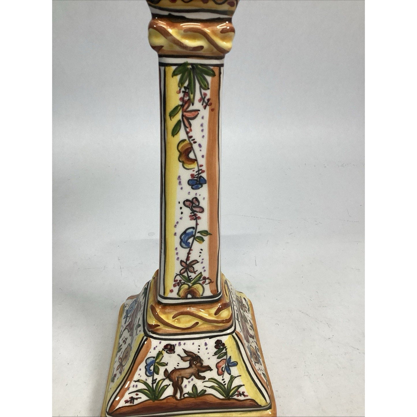 Portuguese Majolica Holu Candlestick W/ Bunnies, Birds And Flowers