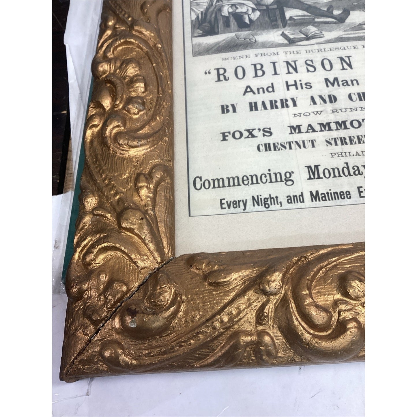 Framed Victorian Style Robinson Crusoe Theatre Poster W/ Ornate Gold Frame