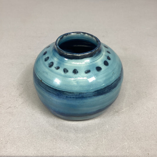 Handmade Pottery Clay Blue Stripe Vase - 3.25”Hx3.5”D