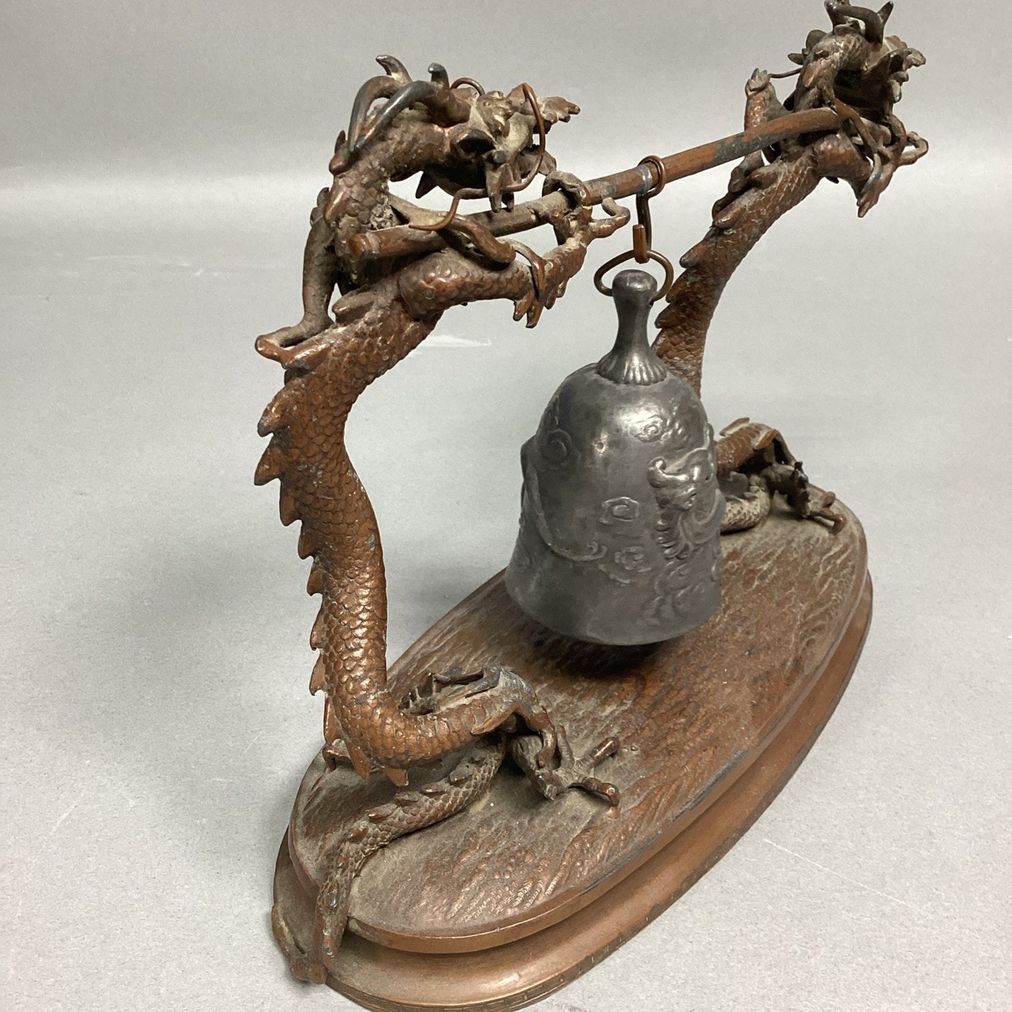 Vintage Chinese Bronze Dragons W/ Suspended Bell Statue Figurine - 8.5x3.5x7”