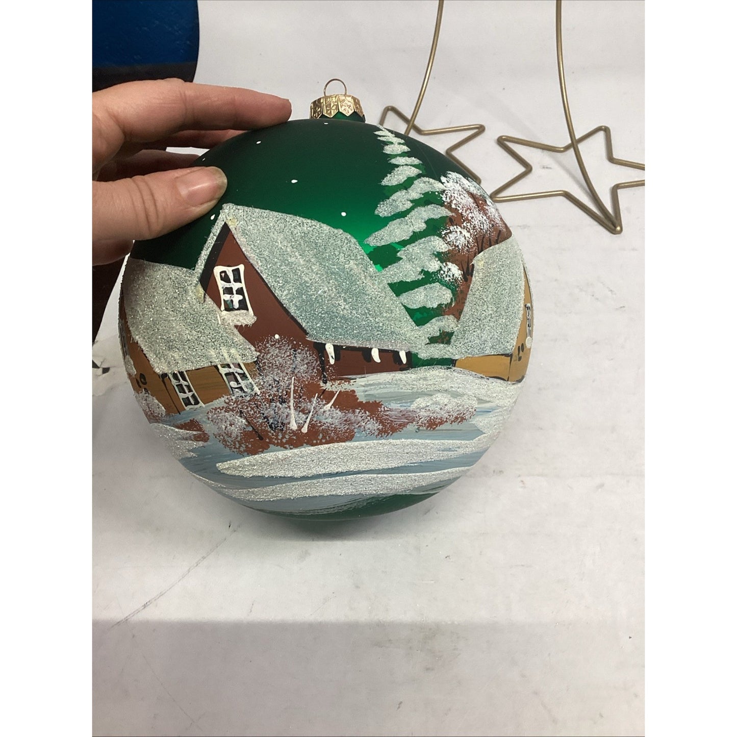 2 Hand Painted Snowy Cabins Glass Ball Ornaments With Ornament Hangers - 7”D
