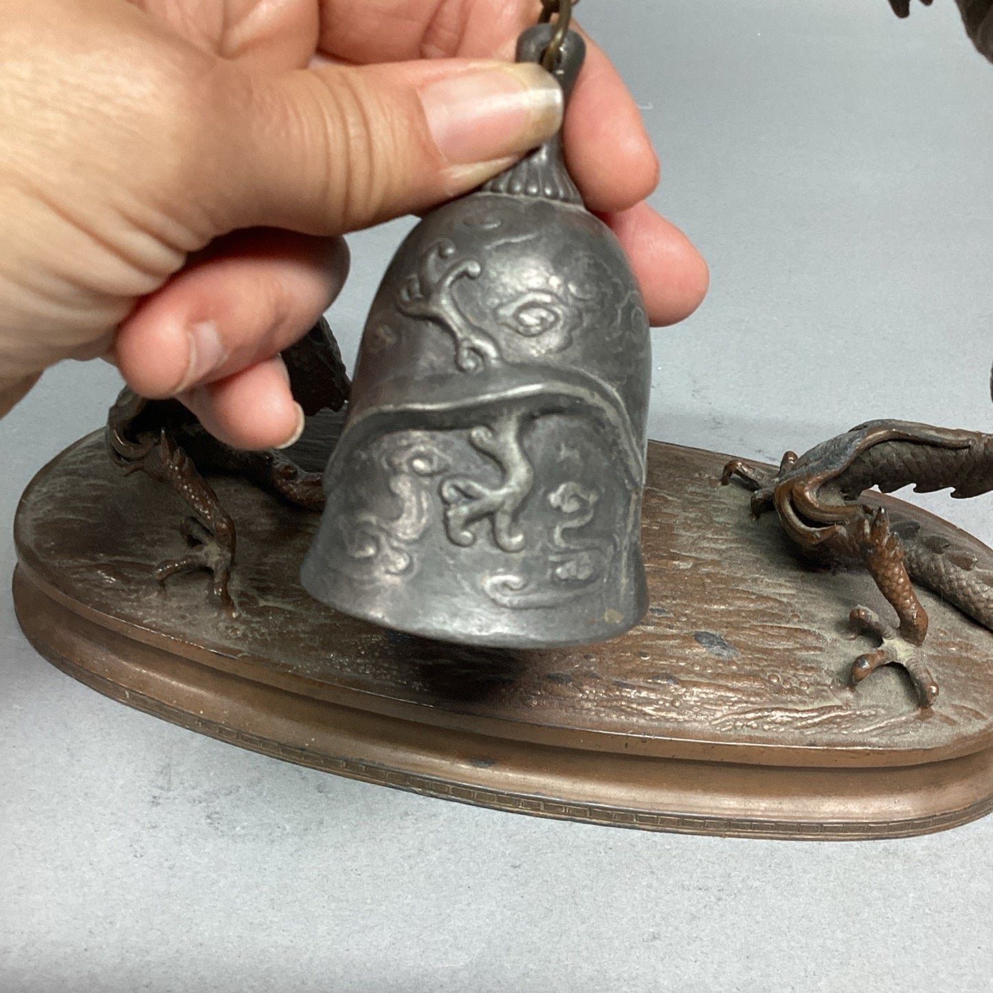 Vintage Chinese Bronze Dragons W/ Suspended Bell Statue Figurine - 8.5x3.5x7”